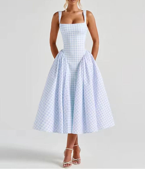 women's light blue midi dress Light Blue Gingham Midi Dress – Unique Vintage