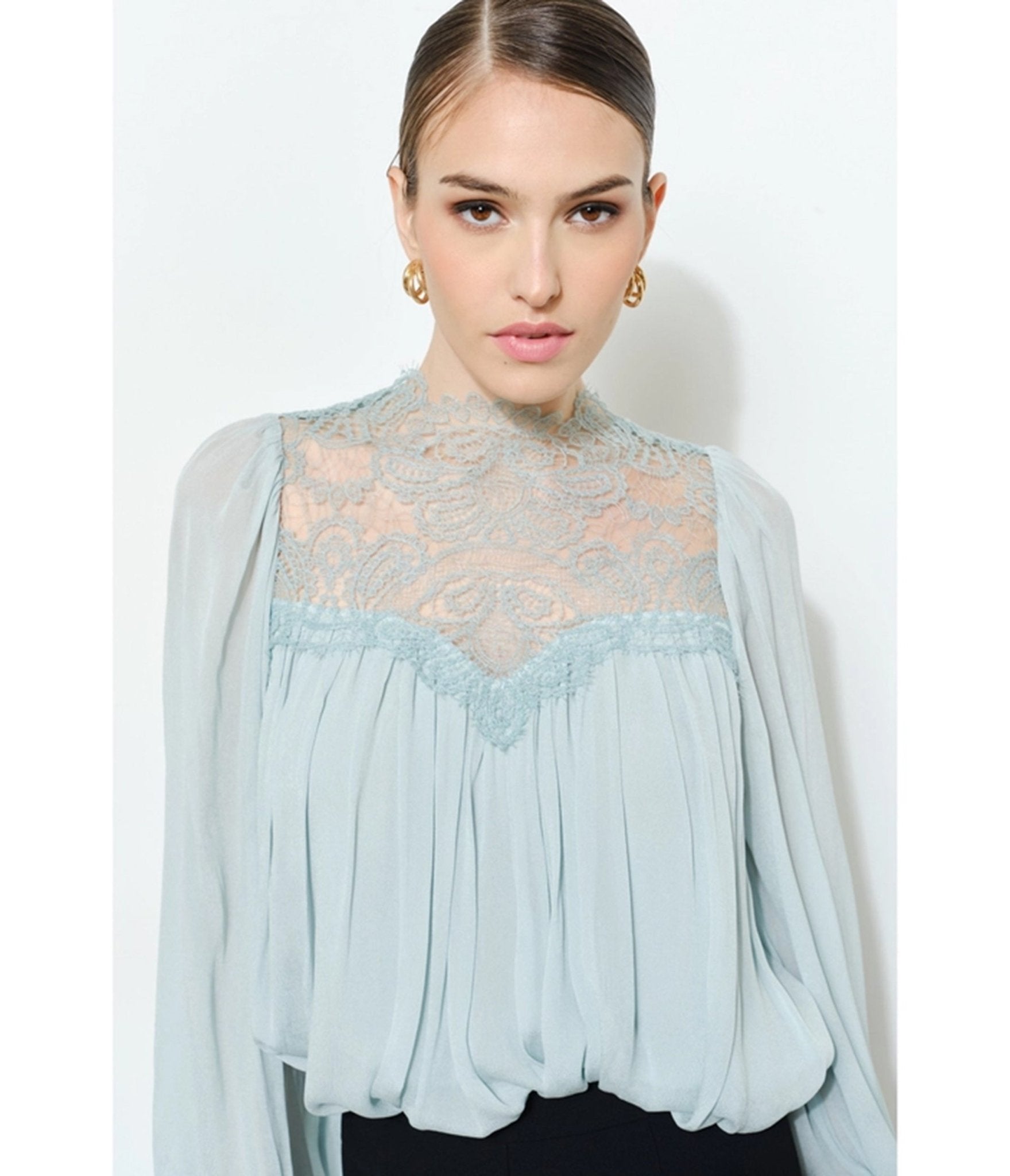 Light Blue Lace Mock Neck Blouse - Unique Vintage - Womens, TOPS, WOVEN TOPS