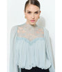Elegant Lace Mock Neck Sheer Long Sleeve Blouse Blue