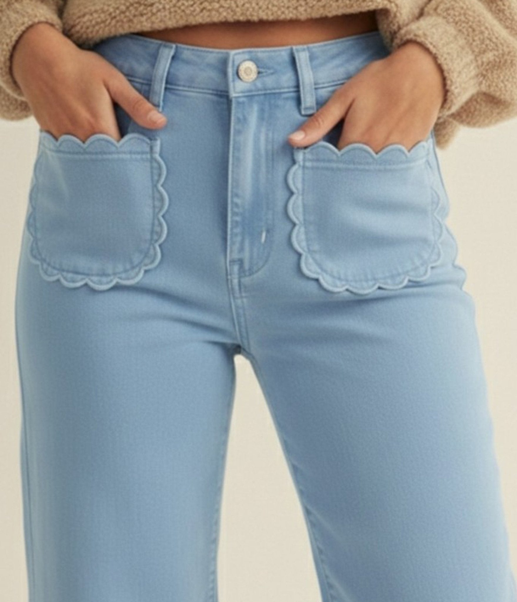 Light Blue Scallop Pocket Wide Leg Pants - Unique Vintage - Womens, BOTTOMS, PANTS