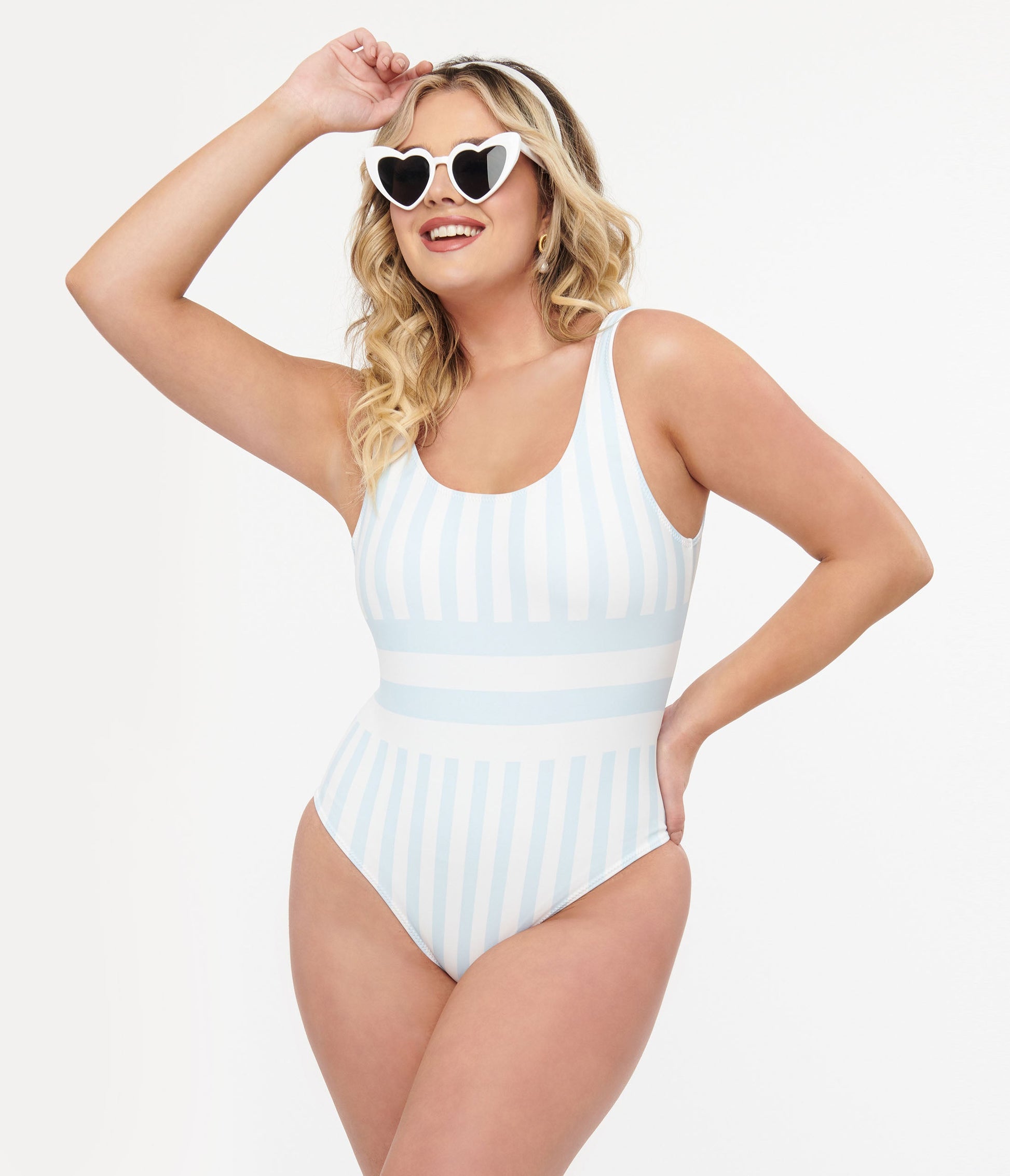 Light Blue & White Stripe One Piece Swimsuit - Unique Vintage - Womens, SWIM, 1 PC