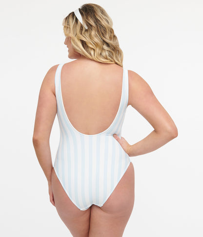 Light Blue & White Stripe One Piece Swimsuit - Unique Vintage - Womens, SWIM, 1 PC