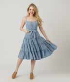 Light Wash Denim Tiered Midi Dress - Unique Vintage - Womens, DRESSES, FIT AND FLARE