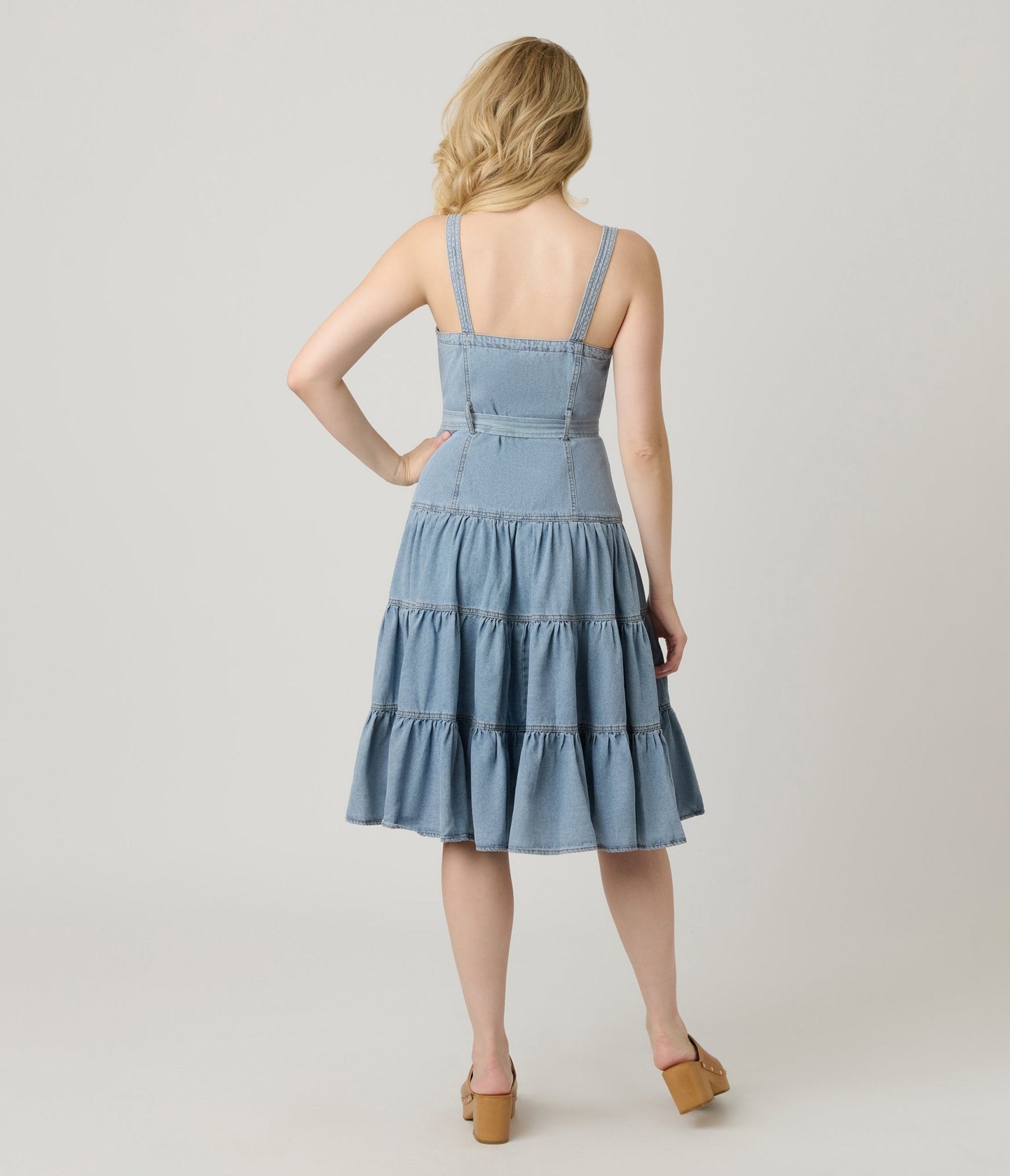 Light Wash Denim Tiered Midi Dress - Unique Vintage - Womens, DRESSES, FIT AND FLARE