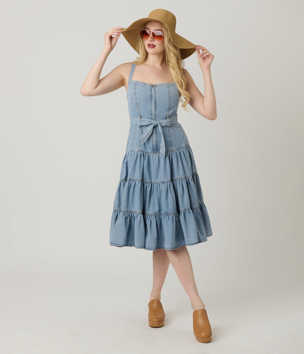 Light Wash Denim Tiered Midi Dress - Unique Vintage - Womens, DRESSES, FIT AND FLARE