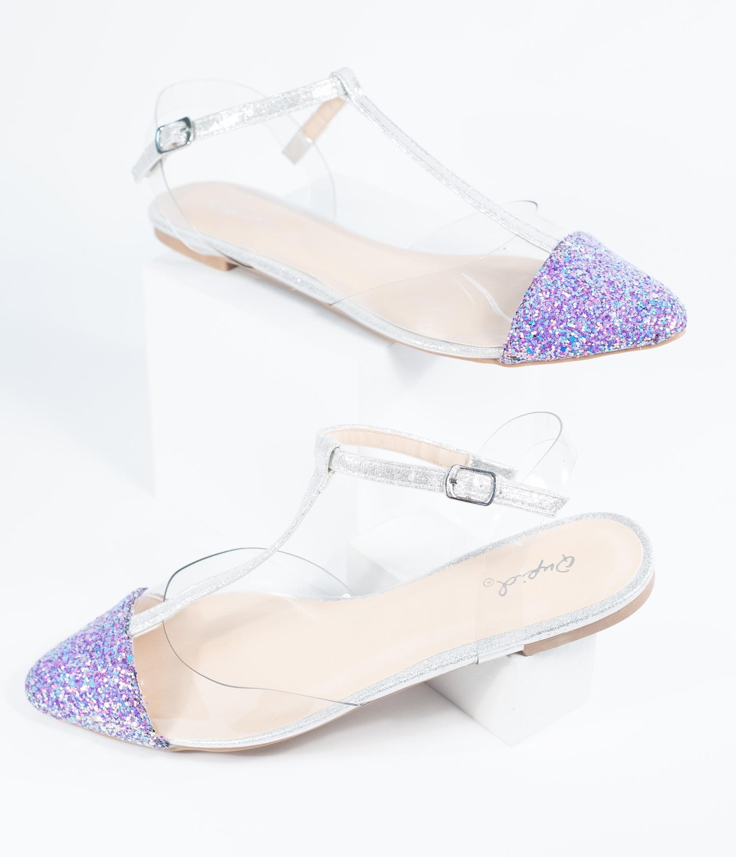 Lilac Purple Glitter & Clear Vinyl T-Strap Flats - Unique Vintage - Womens, SHOES, FLATS