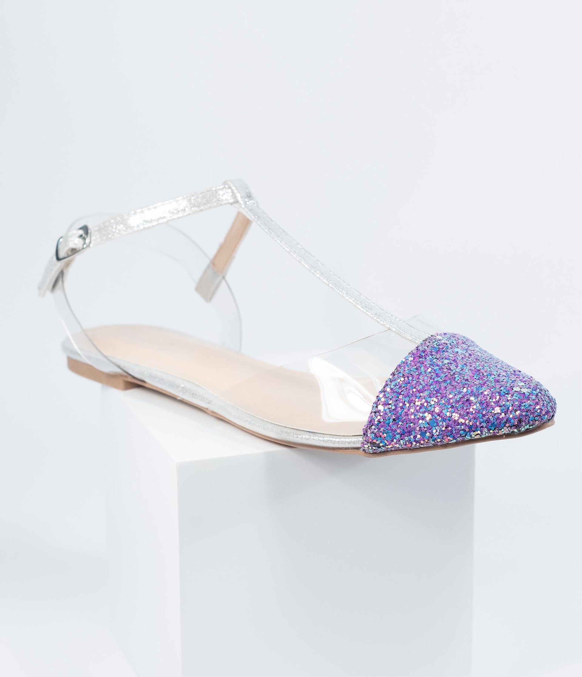 Lilac Purple Glitter & Clear Vinyl T-Strap Flats - Unique Vintage - Womens, SHOES, FLATS