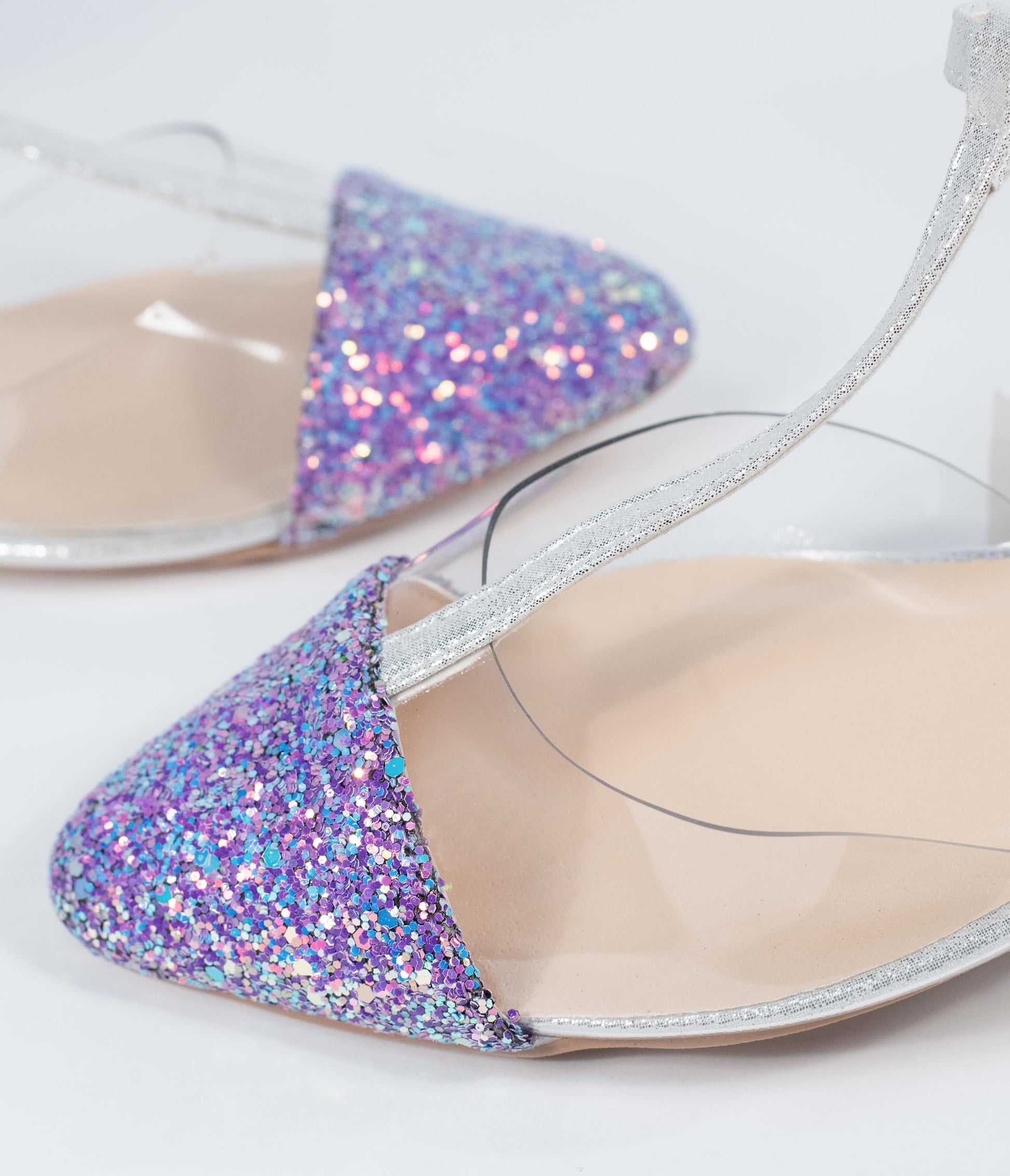 Lilac Purple Glitter & Clear Vinyl T-Strap Flats - Unique Vintage - Womens, SHOES, FLATS