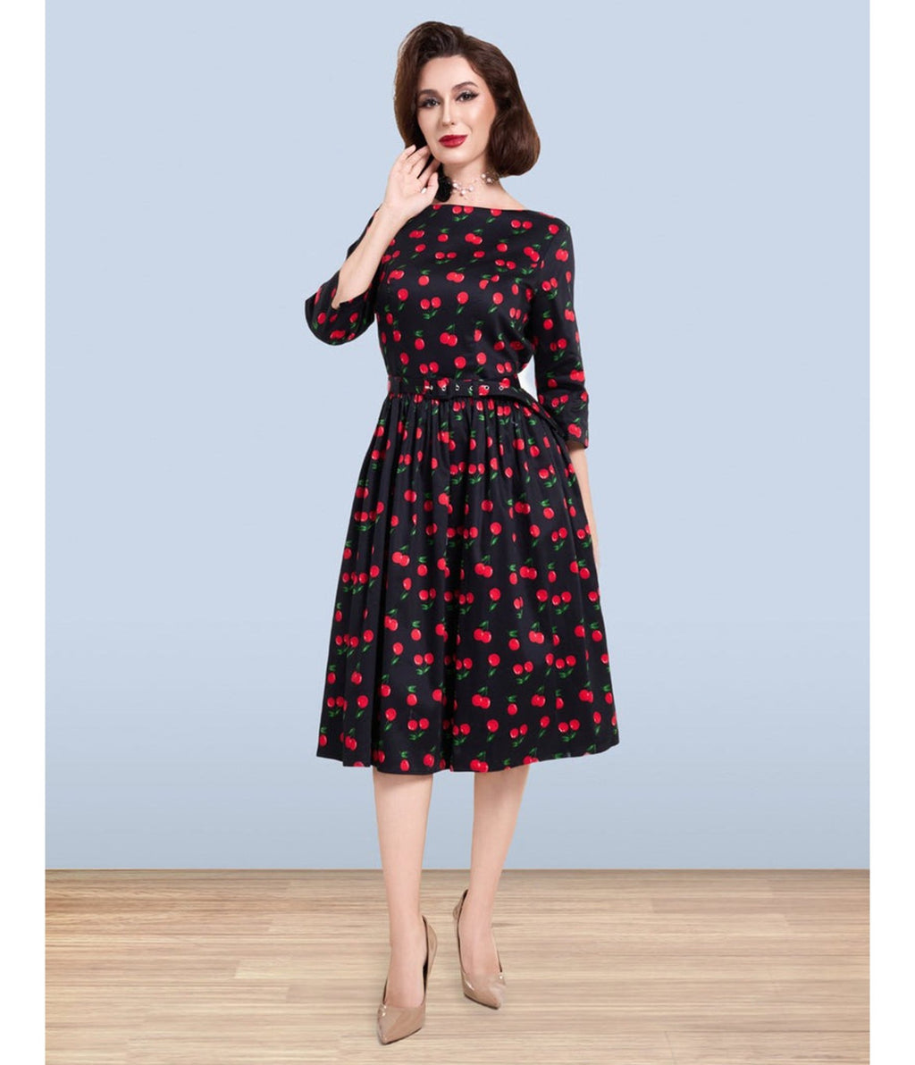 Lindy Bop Black Cherry Print Audrey Dress - Unique Vintage - Womens, DRESSES, FIT AND FLARE