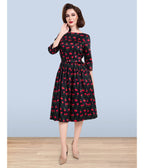 Lindy Bop Black Cherry Print Audrey Dress - Unique Vintage - Womens, DRESSES, FIT AND FLARE