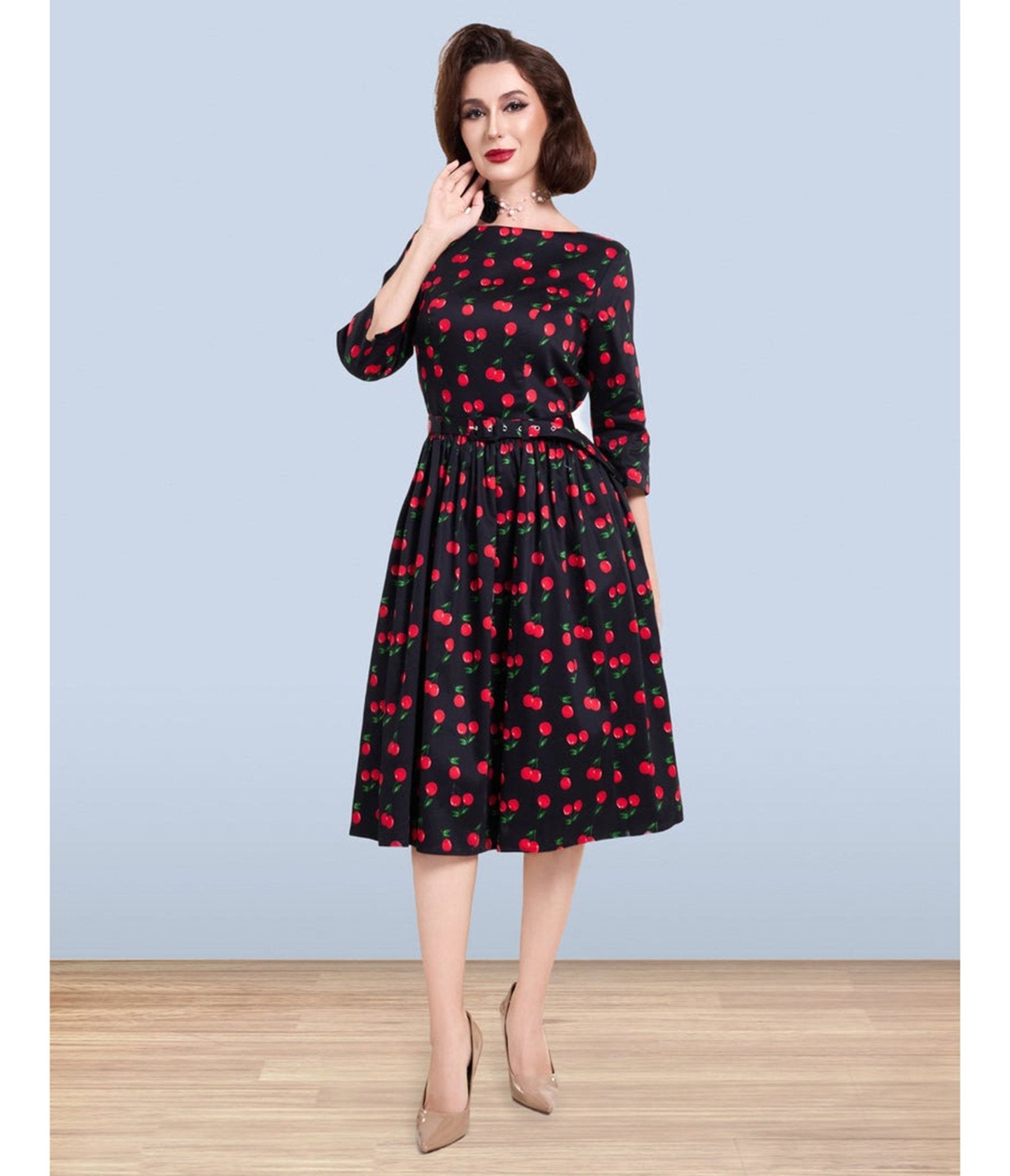 Lindy Bop Black Cherry Print Audrey Dress - Unique Vintage - Womens, DRESSES, FIT AND FLARE