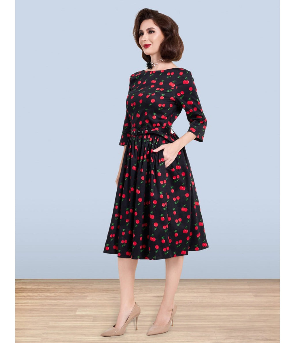 Lindy Bop Black Cherry Print Audrey Dress - Unique Vintage - Womens, DRESSES, FIT AND FLARE