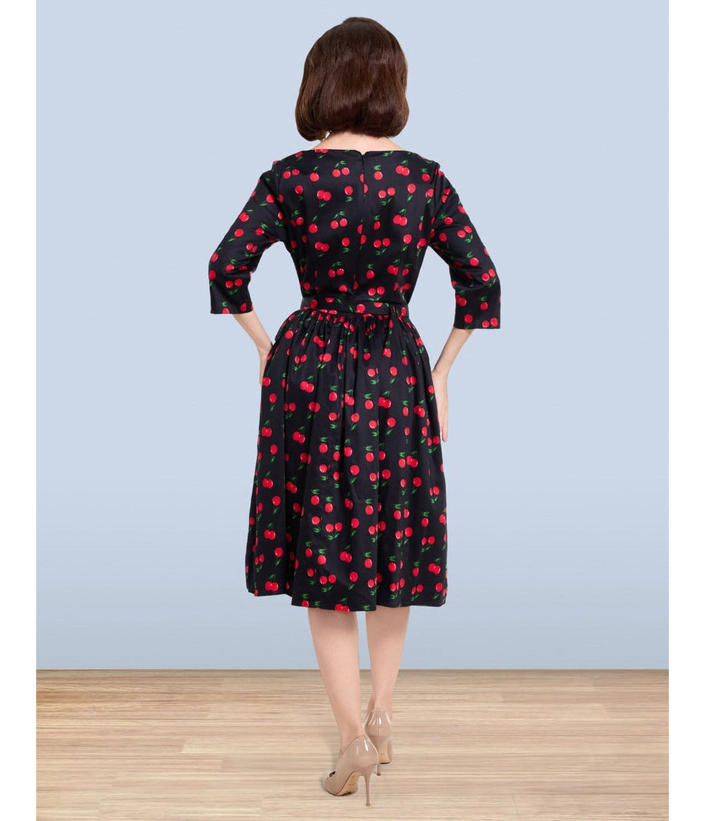 Lindy Bop Black Cherry Print Audrey Dress - Unique Vintage - Womens, DRESSES, FIT AND FLARE