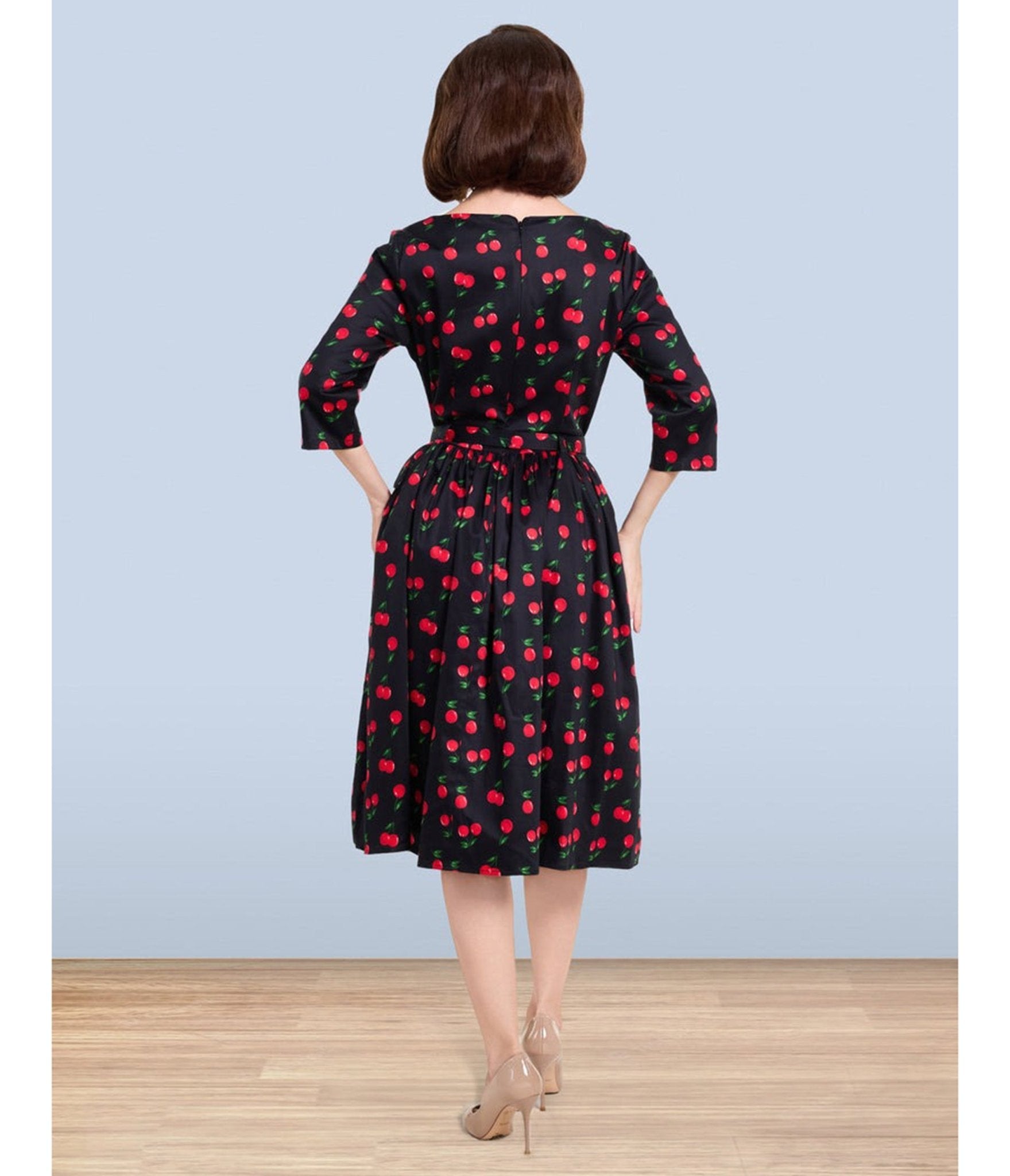 Lindy Bop Black Cherry Print Audrey Dress - Unique Vintage - Womens, DRESSES, FIT AND FLARE