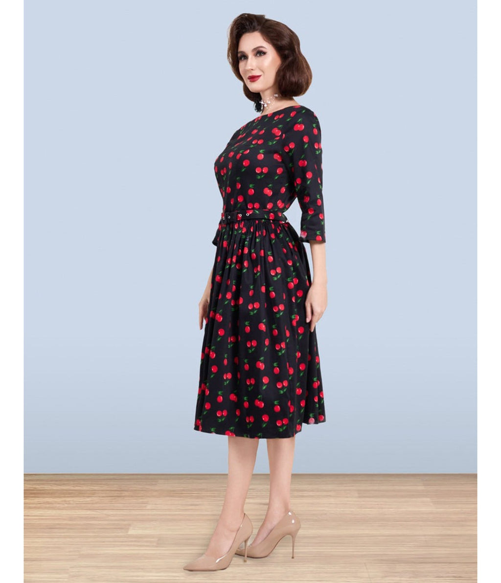 Lindy Bop Black Cherry Print Audrey Dress - Unique Vintage - Womens, DRESSES, FIT AND FLARE