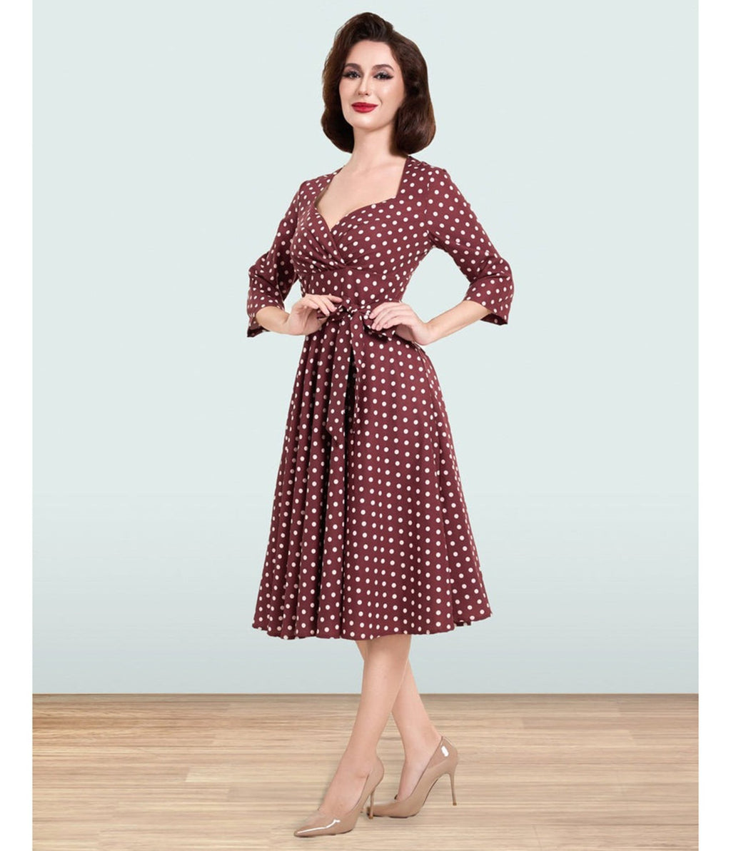 Lindy Bop Brown Polka Dot Rita Flared Dress - Unique Vintage - Womens, DRESSES, FIT AND FLARE