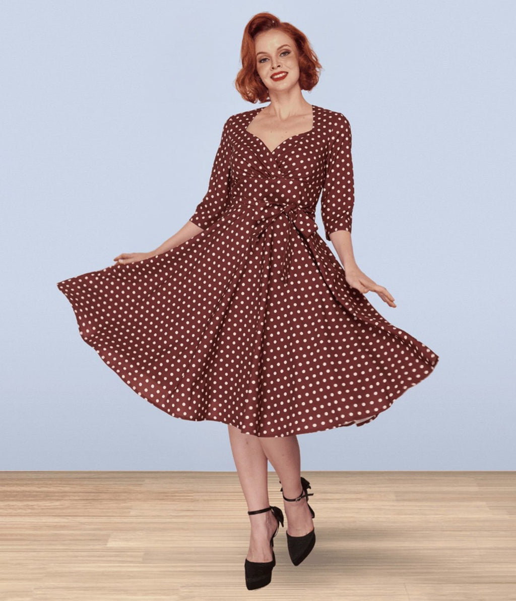 Lindy Bop Brown Polka Dot Rita Flared Dress - Unique Vintage - Womens, DRESSES, FIT AND FLARE