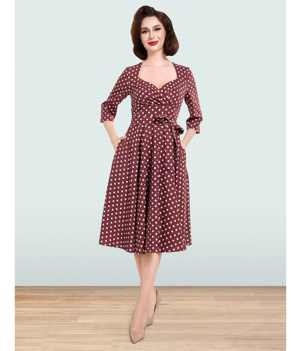 Lindy Bop Brown Polka Dot Rita Flared Dress - Unique Vintage - Womens, DRESSES, FIT AND FLARE