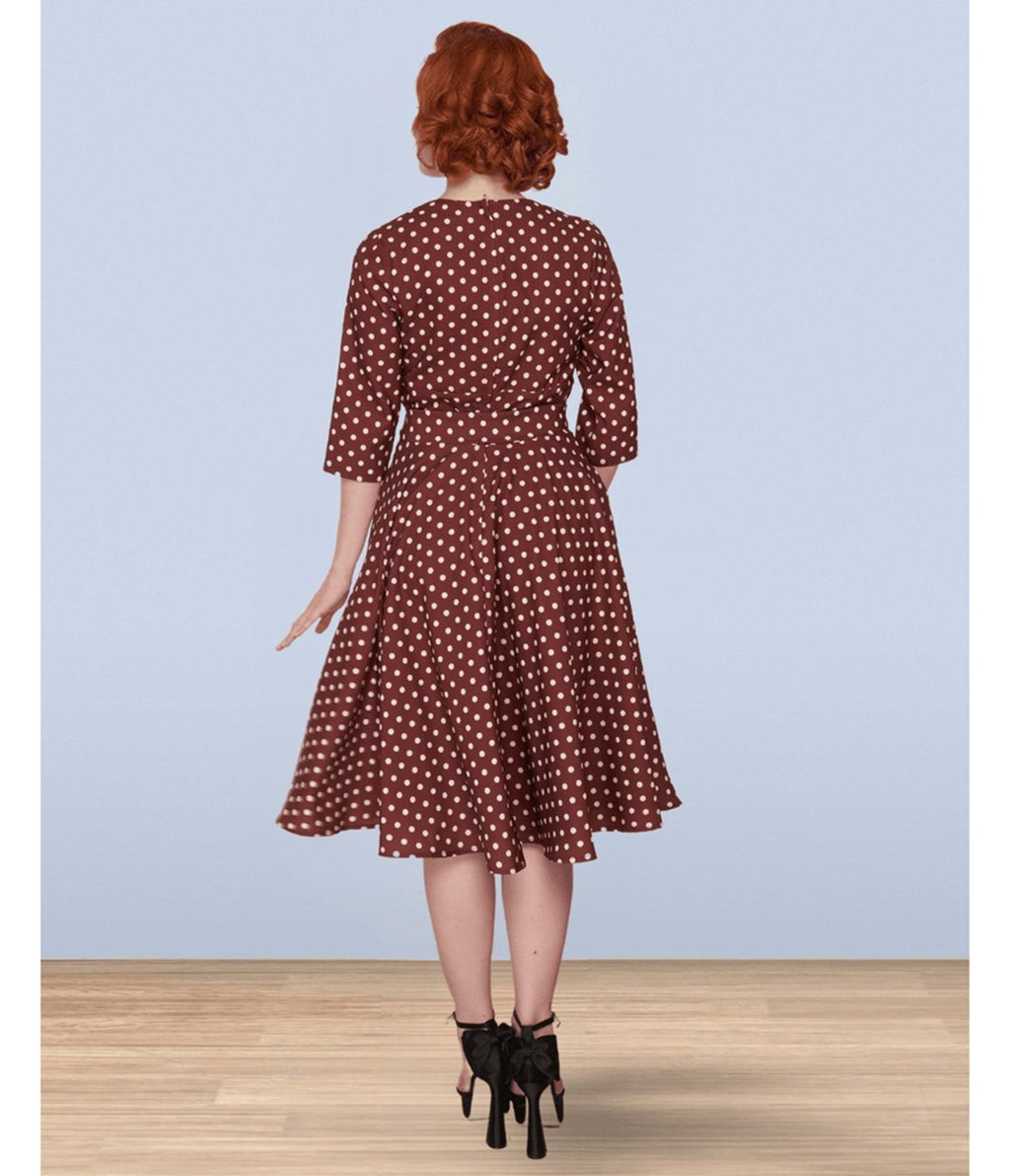 Lindy Bop Brown Polka Dot Rita Flared Dress - Unique Vintage - Womens, DRESSES, FIT AND FLARE
