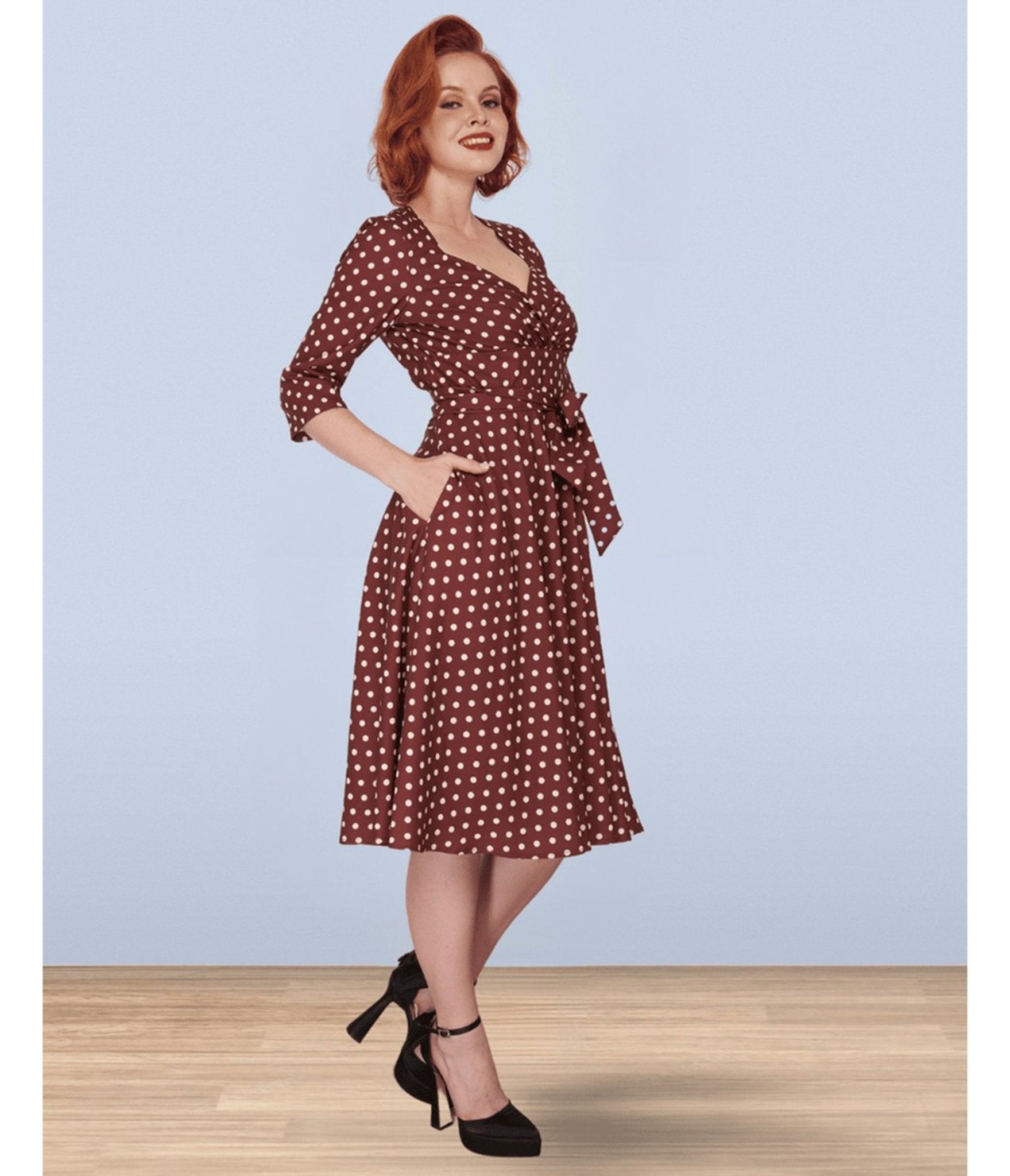 Lindy Bop Brown Polka Dot Rita Flared Dress - Unique Vintage - Womens, DRESSES, FIT AND FLARE