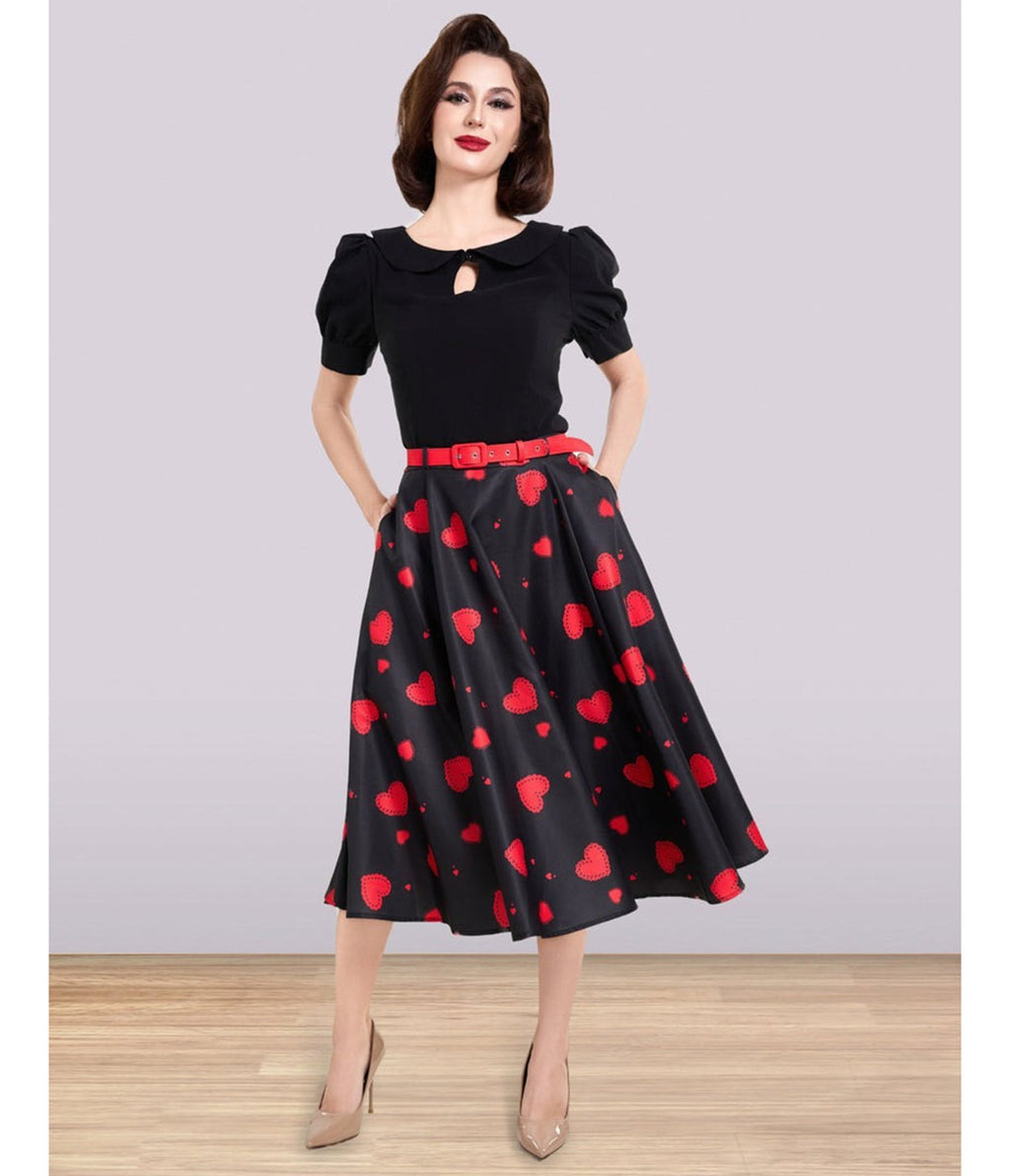 Lindy Bop Red Heart Print Christine Skirt - Unique Vintage - Womens, BOTTOMS, SKIRTS