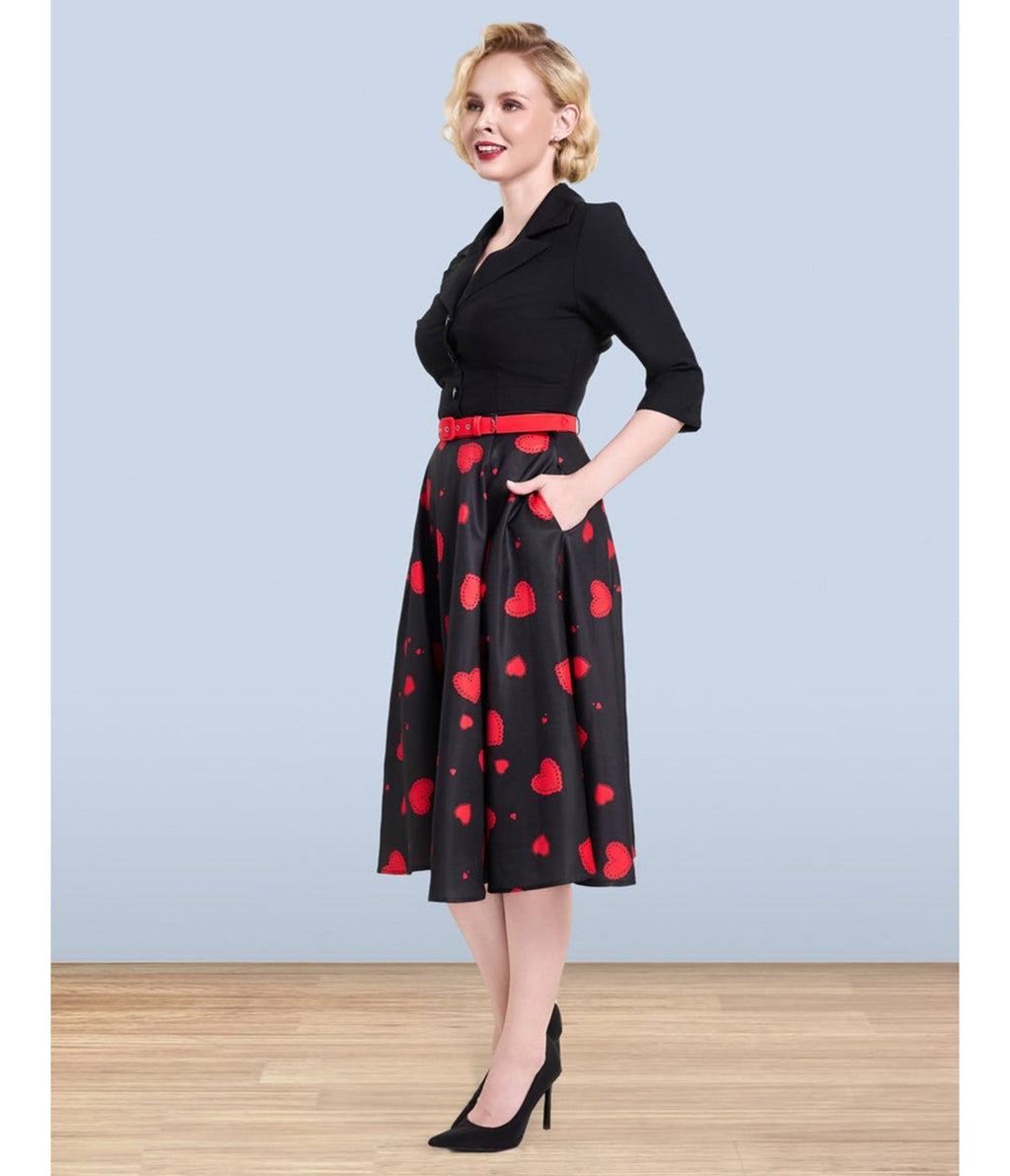 Lindy Bop Red Heart Print Christine Skirt - Unique Vintage - Womens, BOTTOMS, SKIRTS
