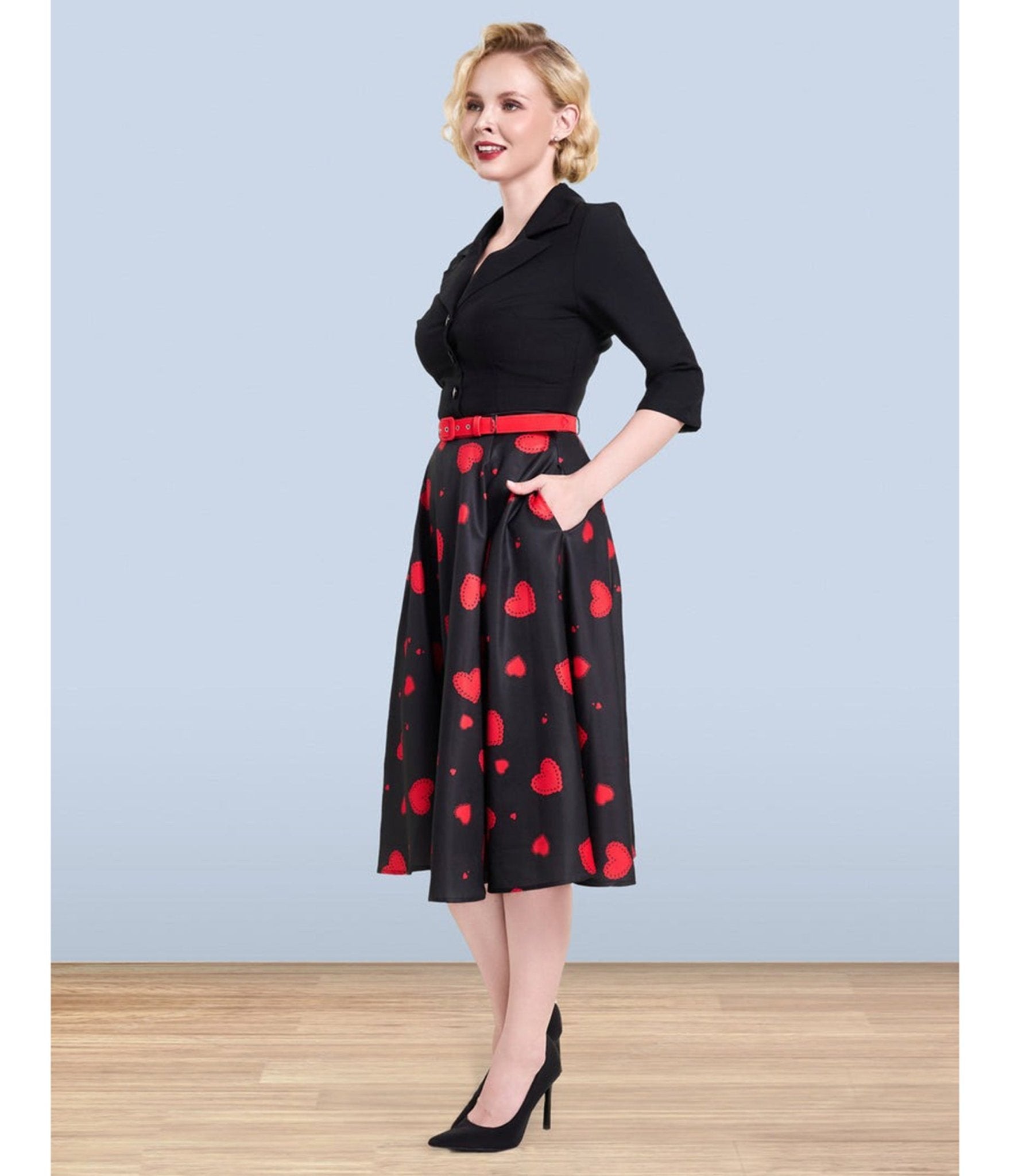 Lindy Bop Red Heart Print Christine Skirt - Unique Vintage - Womens, BOTTOMS, SKIRTS