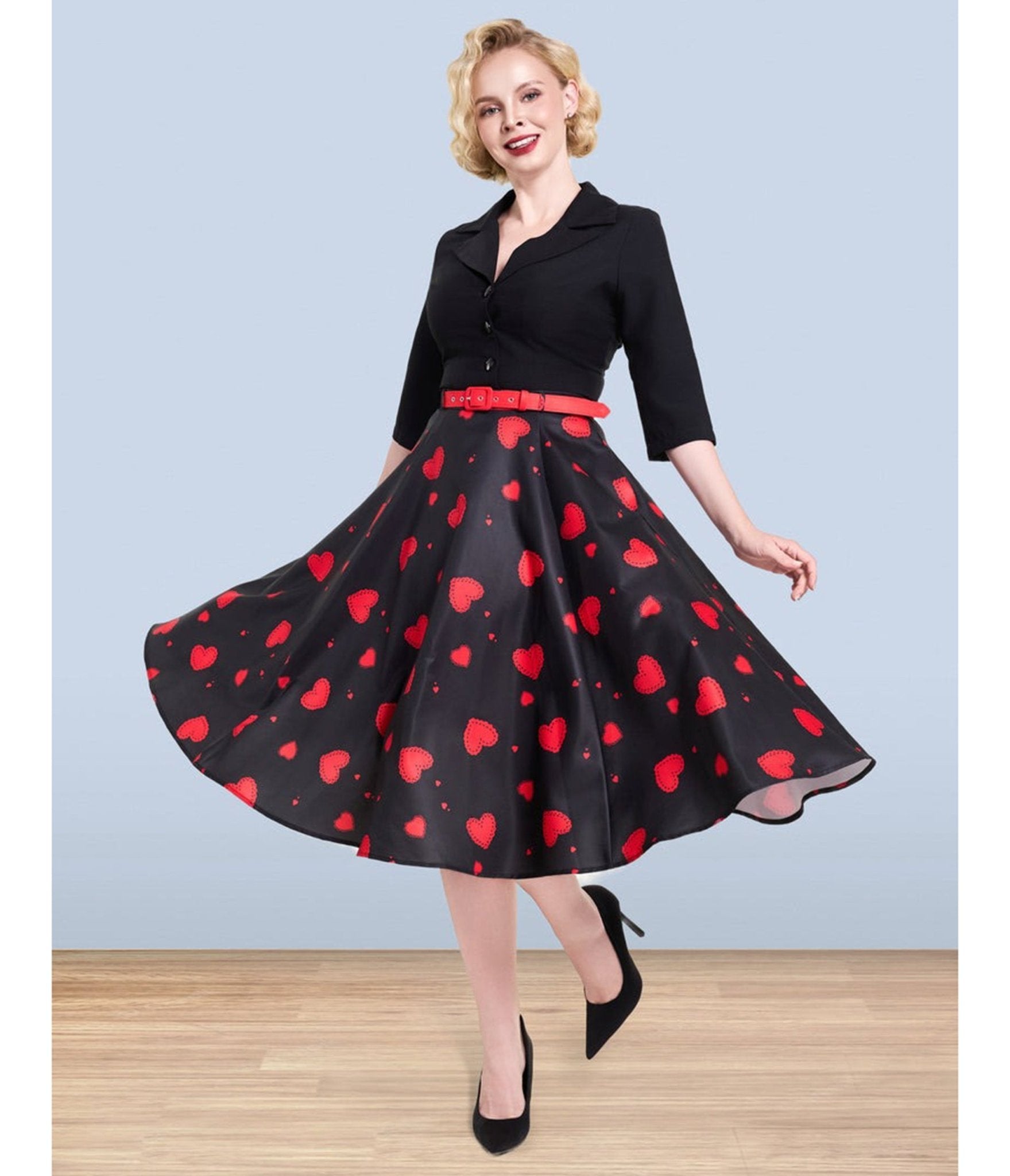 Lindy Bop Red Heart Print Christine Skirt - Unique Vintage - Womens, BOTTOMS, SKIRTS