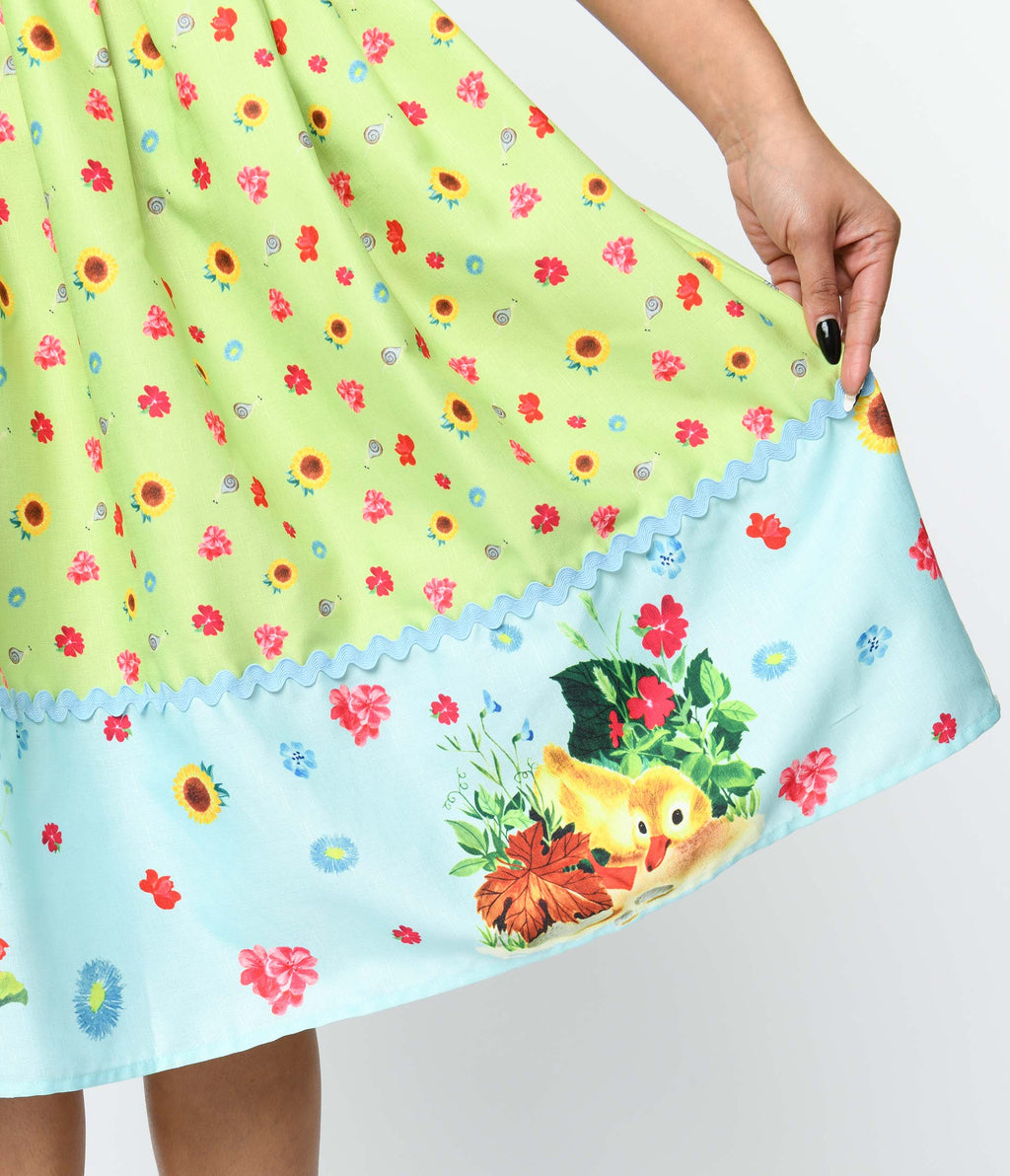Little Golden Books x Unique Vintage Green & Blue Fuzzy Duckling Bobbie Swing Dress - Unique Vintage - Womens, DRESSES, SWING