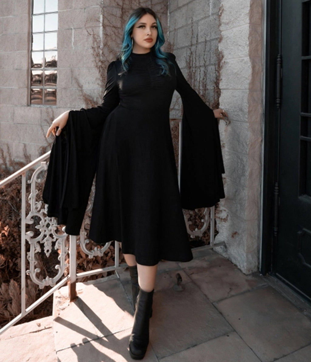 Lively Ghosts Black Bell Sleeve Unhallowed Midi Dress - Unique Vintage - Womens, DRESSES, MIDI