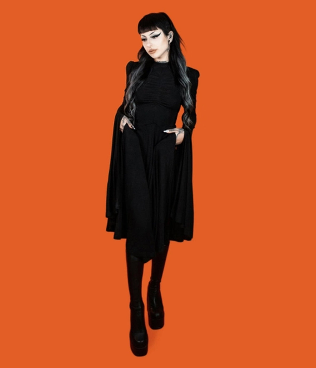 Lively Ghosts Black Bell Sleeve Unhallowed Midi Dress - Unique Vintage - Womens, DRESSES, MIDI