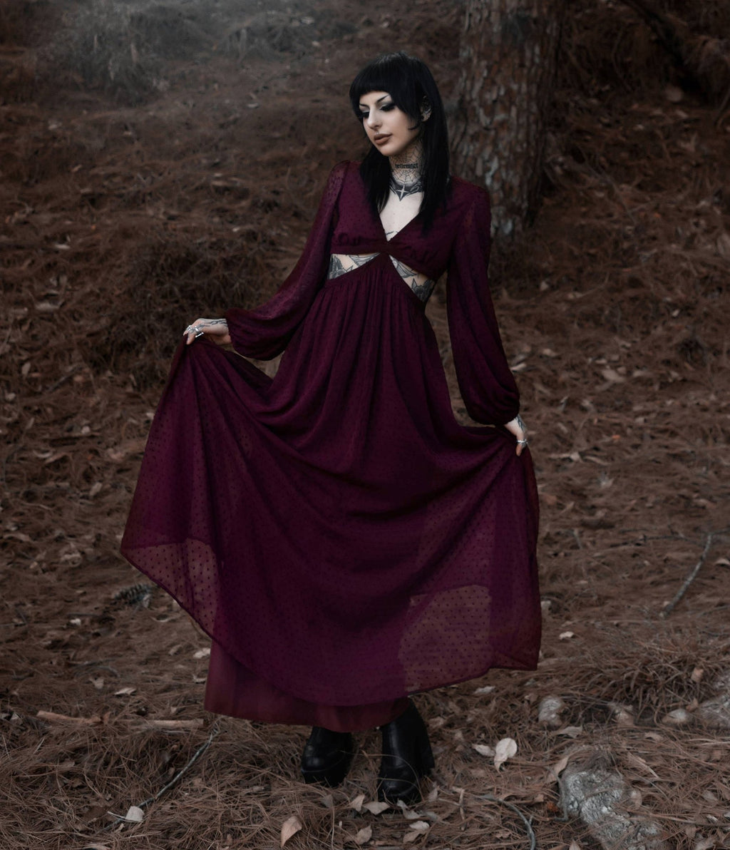 Lively Ghosts Burgundy Cutout Eclipse Maxi Dress - Unique Vintage - Womens, DRESSES, MAXI