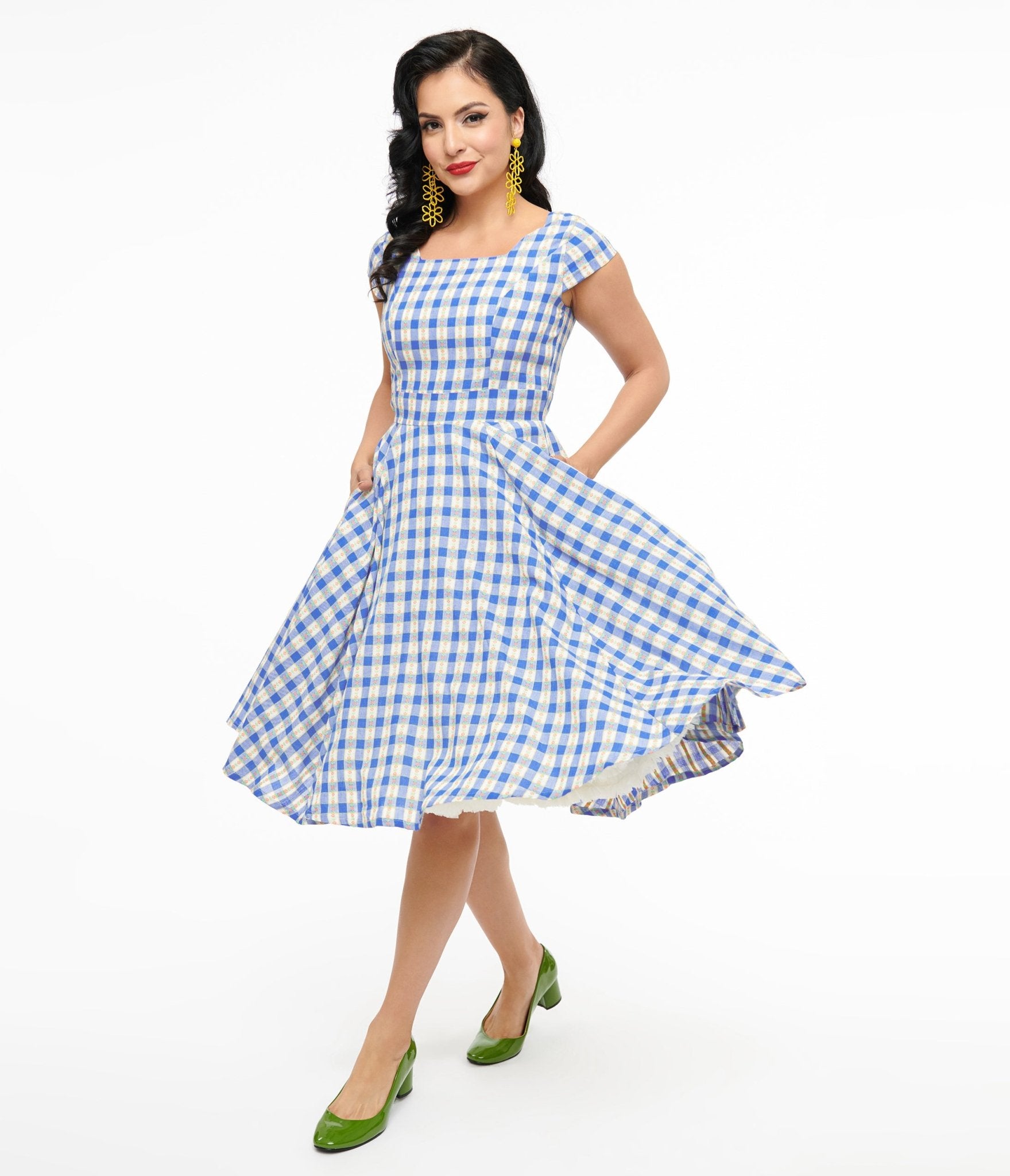 Magnolia Place 1950s Blue Floral Gingham Anna Swing Dress - Unique Vintage - Womens, DRESSES, SWING