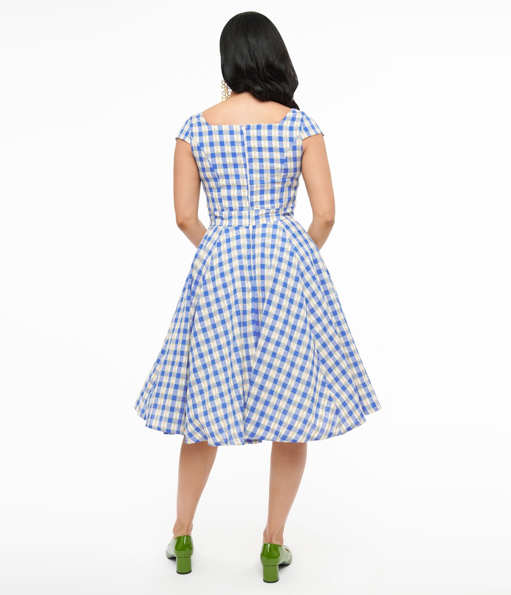 Magnolia Place 1950s Blue Floral Gingham Anna Swing Dress - Unique Vintage - Womens, DRESSES, SWING