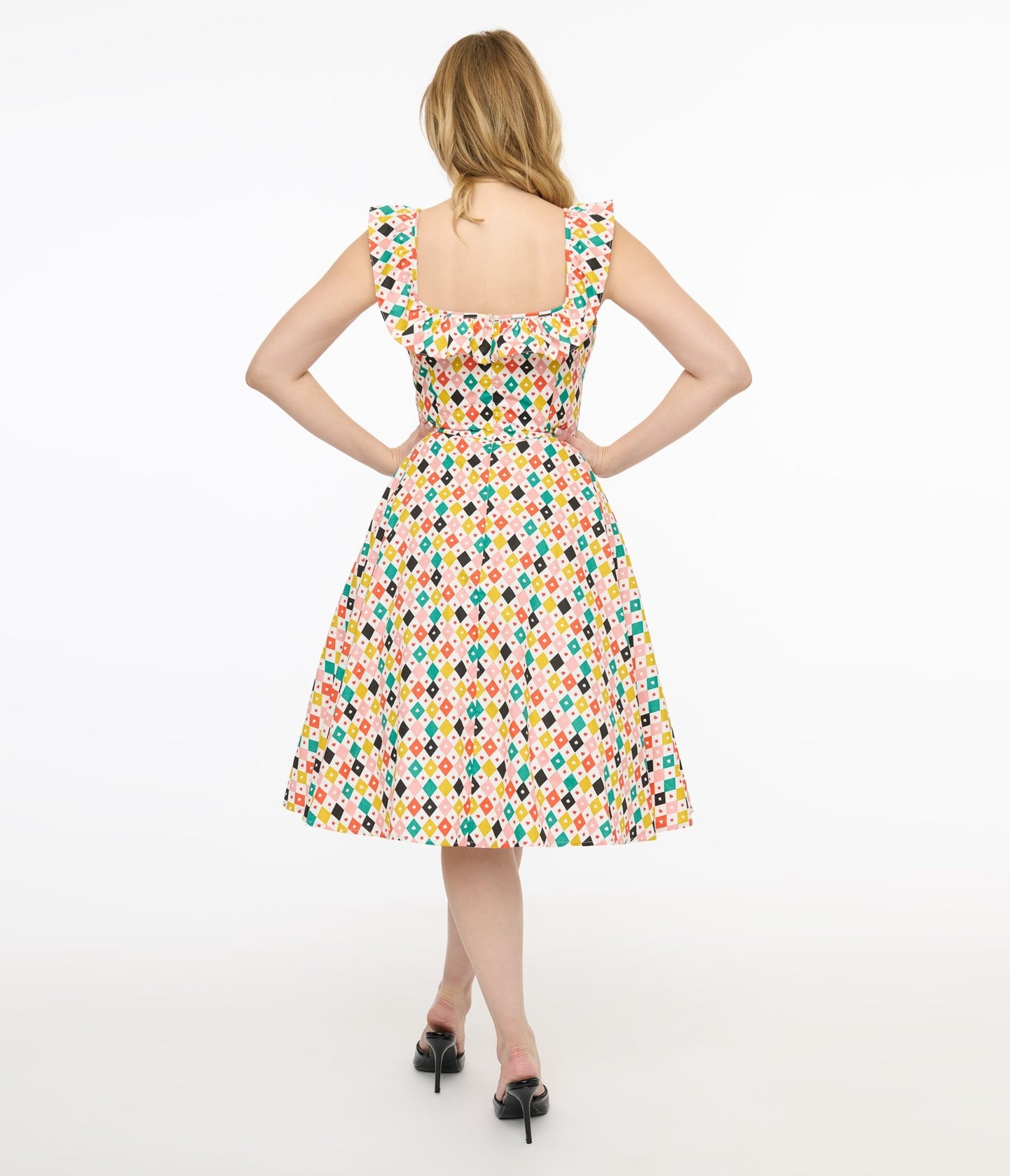 Magnolia Place 1950s Multicolor Diamond Print Barbara Swing Dress - Unique Vintage - Womens, DRESSES, SWING