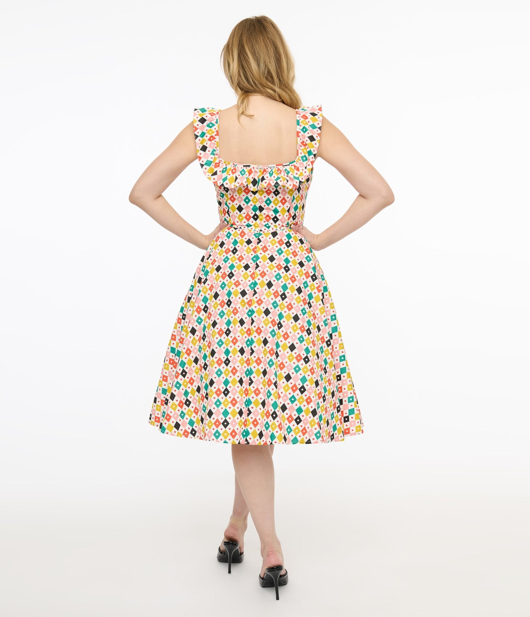 Magnolia Place 1950s Multicolor Diamond Print Barbara Swing Dress - Unique Vintage - Womens, DRESSES, SWING