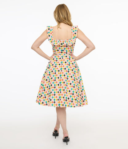 Magnolia Place 1950s Multicolor Diamond Print Barbara Swing Dress - Unique Vintage - Womens, DRESSES, SWING