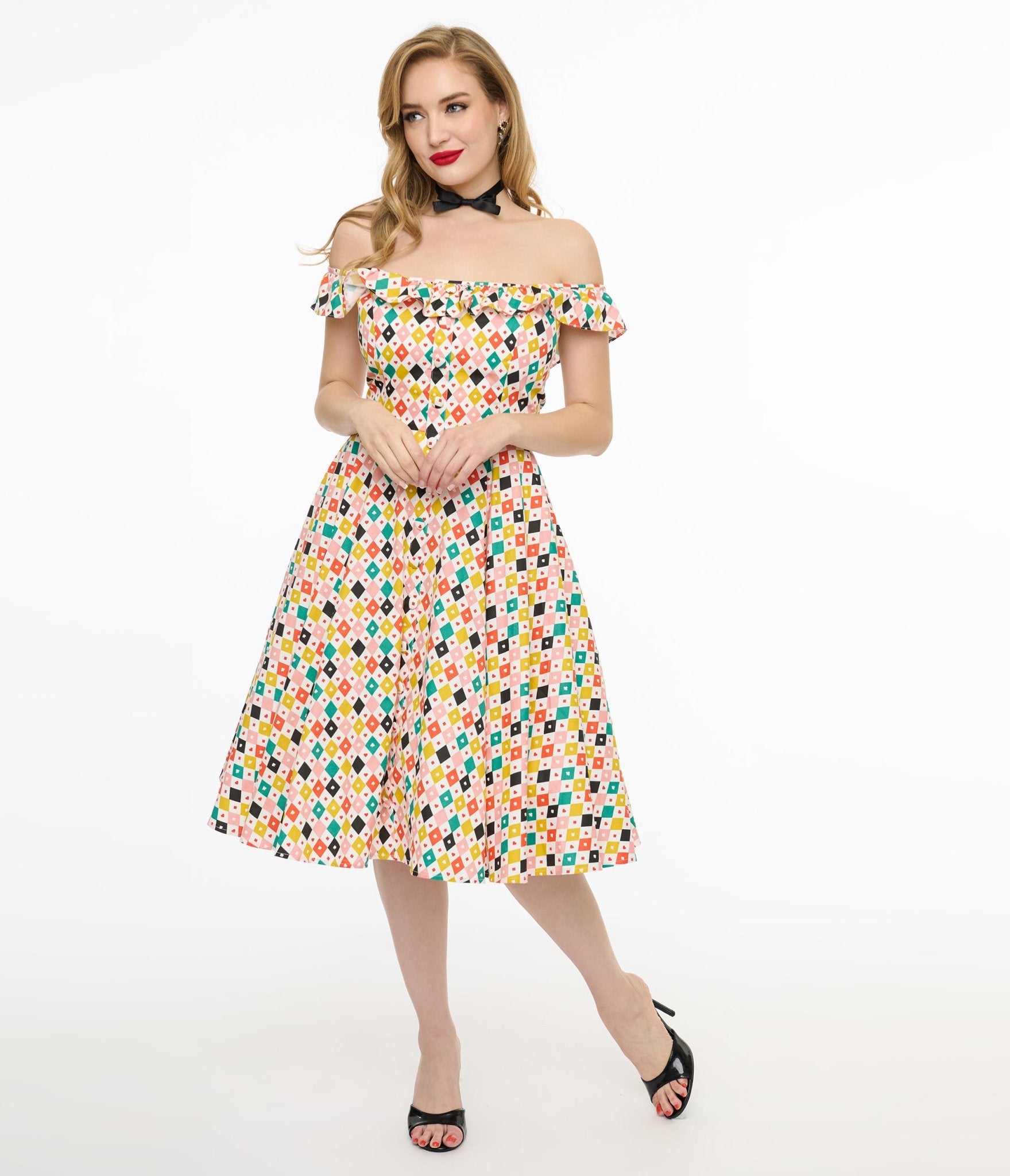Magnolia Place 1950s Multicolor Diamond Print Barbara Swing Dress - Unique Vintage - Womens, DRESSES, SWING