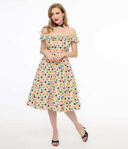 Magnolia Place 1950s Multicolor Diamond Print Barbara Swing Dress - Unique Vintage - Womens, DRESSES, SWING
