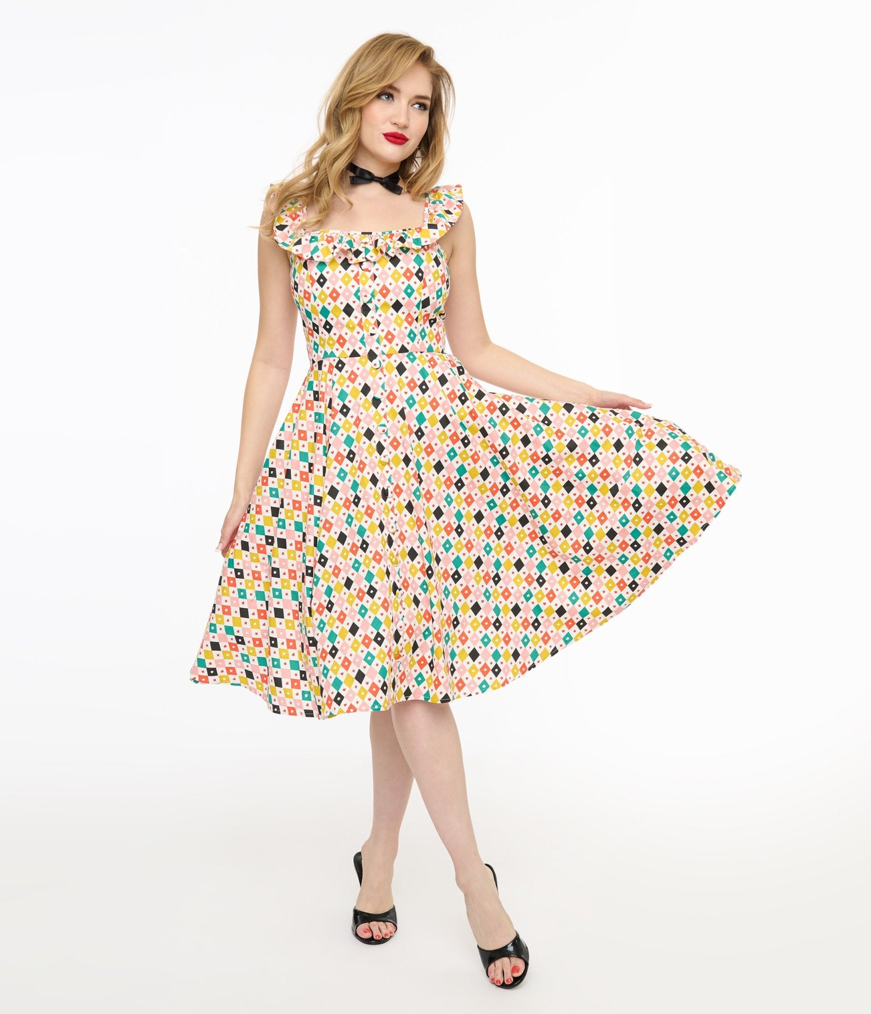 Magnolia Place 1950s Multicolor Diamond Print Barbara Swing Dress - Unique Vintage - Womens, DRESSES, SWING