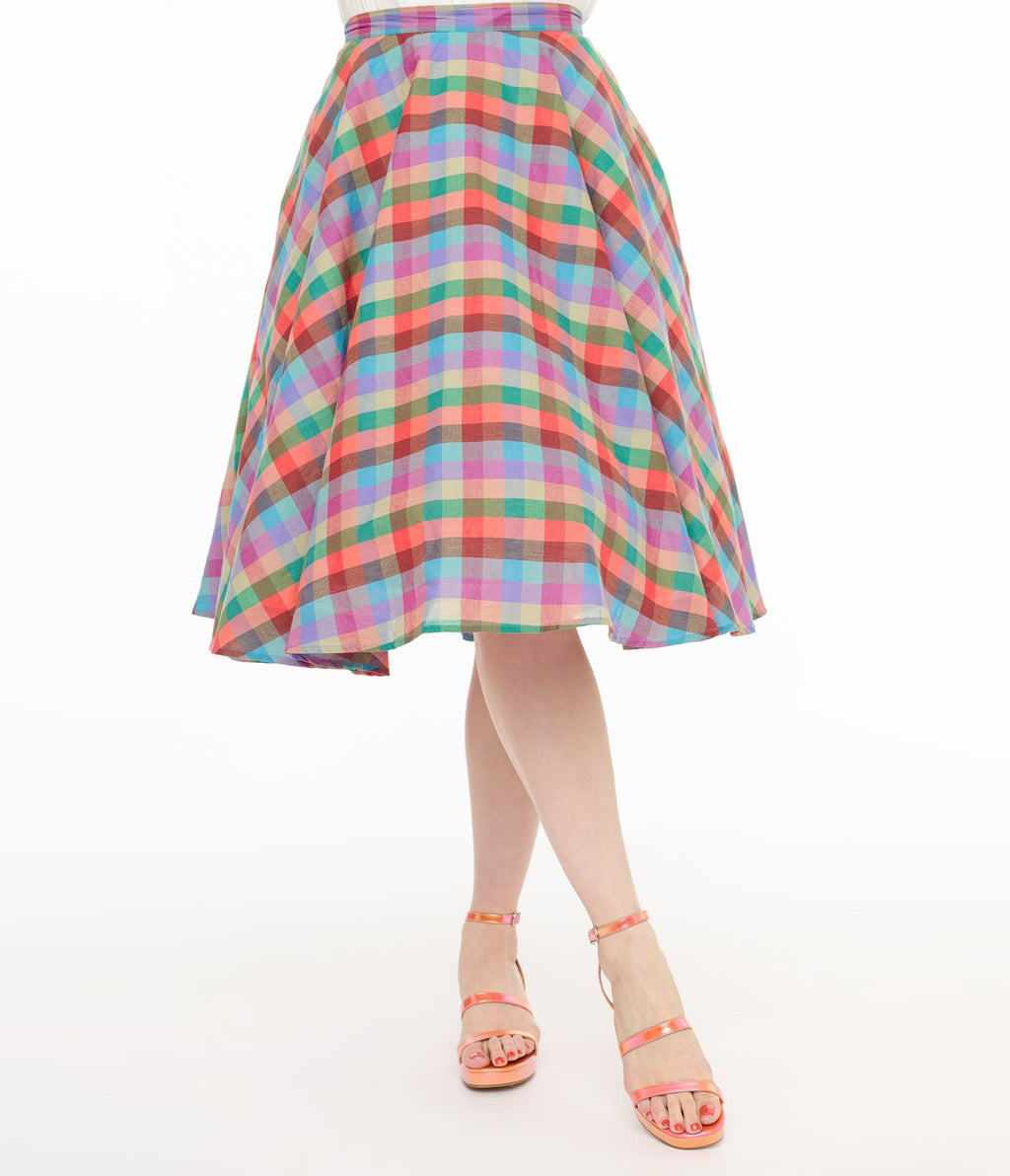 Magnolia Place 1950s Multicolor Madras Plaid Cotton Sally Swing Skirt - Unique Vintage - Womens, BOTTOMS, SKIRTS