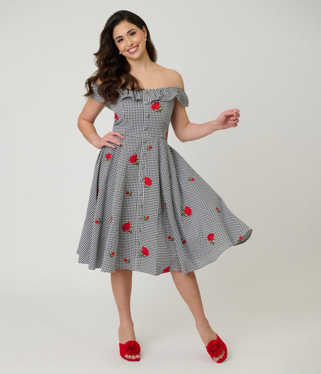Magnolia Place Black Gingham & Red Rose Embroidered Barbara Swing Dress - Unique Vintage - Womens, DRESSES, SWING