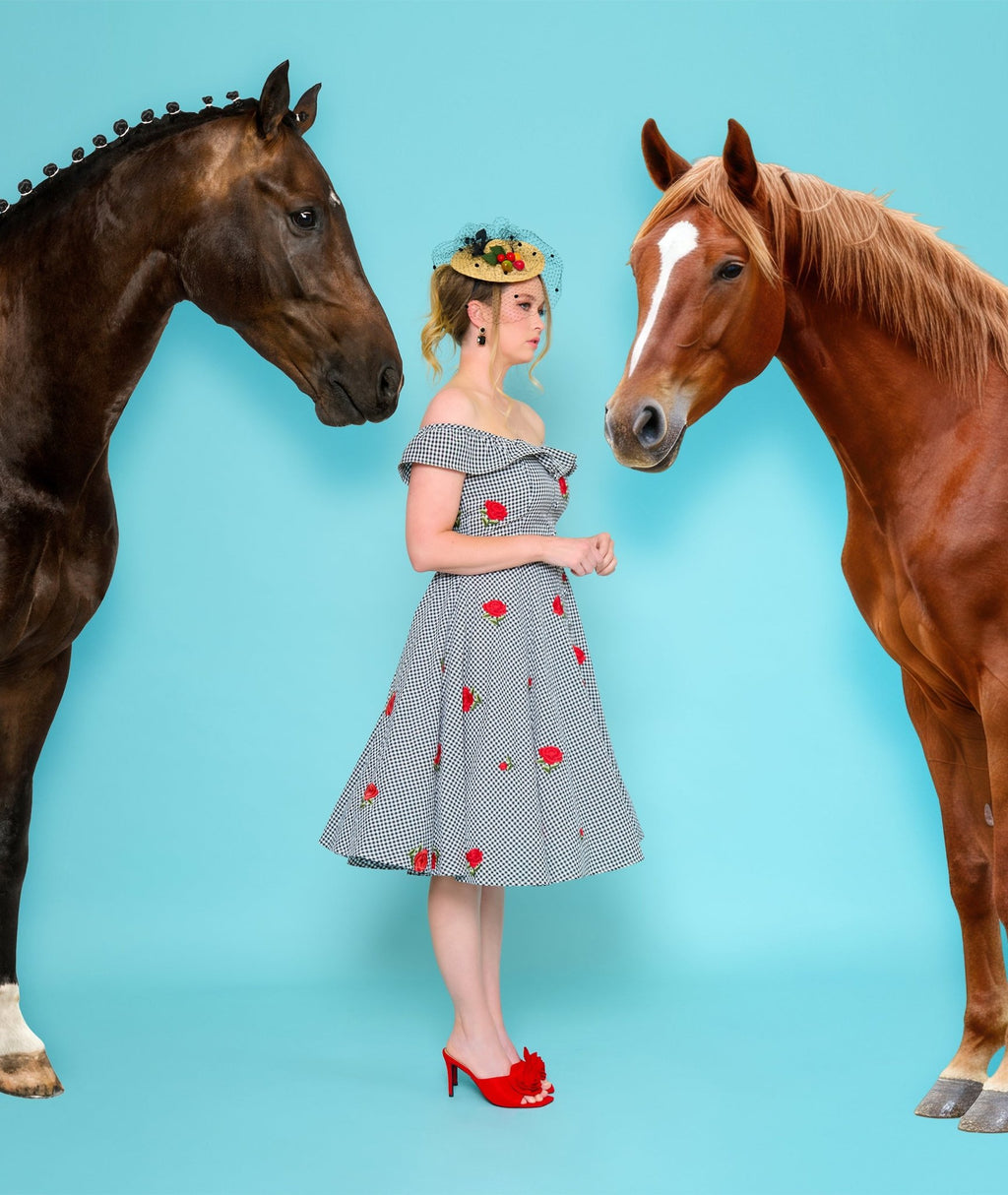 Magnolia Place Black Gingham & Red Rose Embroidered Barbara Swing Dress - Unique Vintage - Womens, DRESSES, SWING