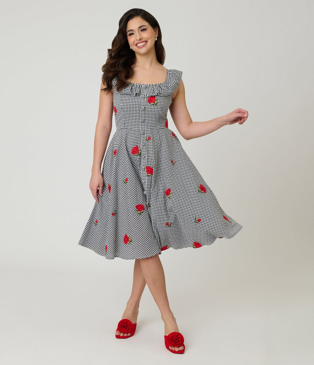 Magnolia Place Black Gingham & Red Rose Embroidered Barbara Swing Dress - Unique Vintage - Womens, DRESSES, SWING