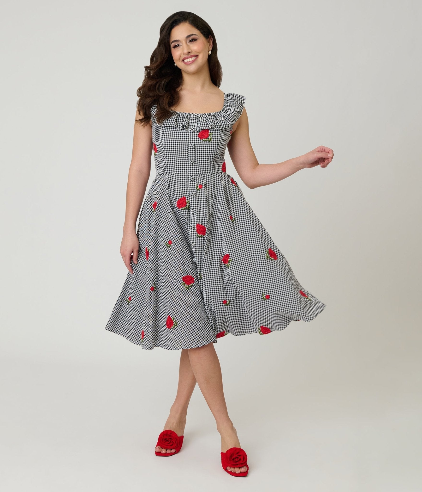 Magnolia Place Black Gingham & Red Rose Embroidered Barbara Swing Dress - Unique Vintage - Womens, DRESSES, SWING