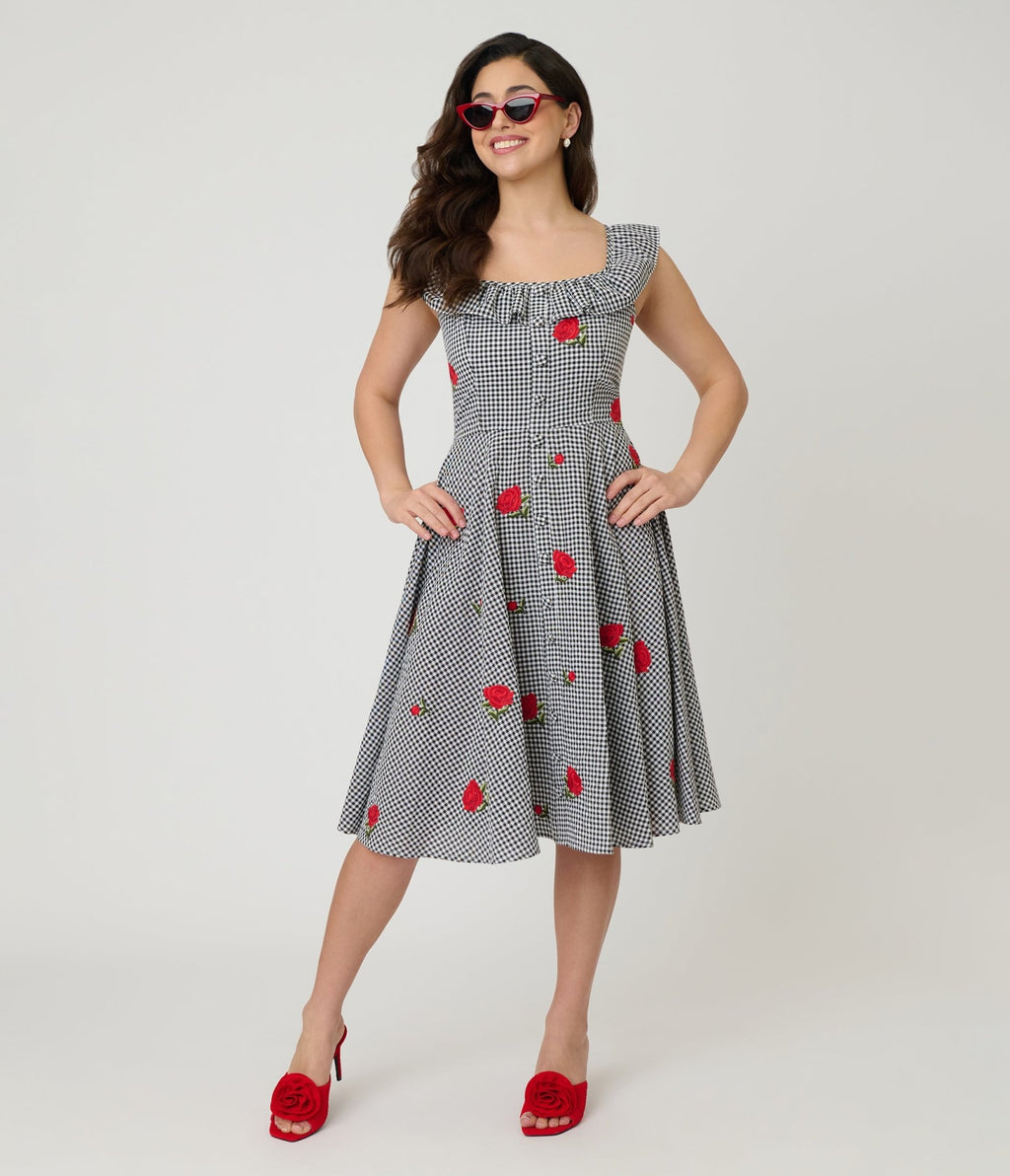 Magnolia Place Black Gingham & Red Rose Embroidered Barbara Swing Dress - Unique Vintage - Womens, DRESSES, SWING