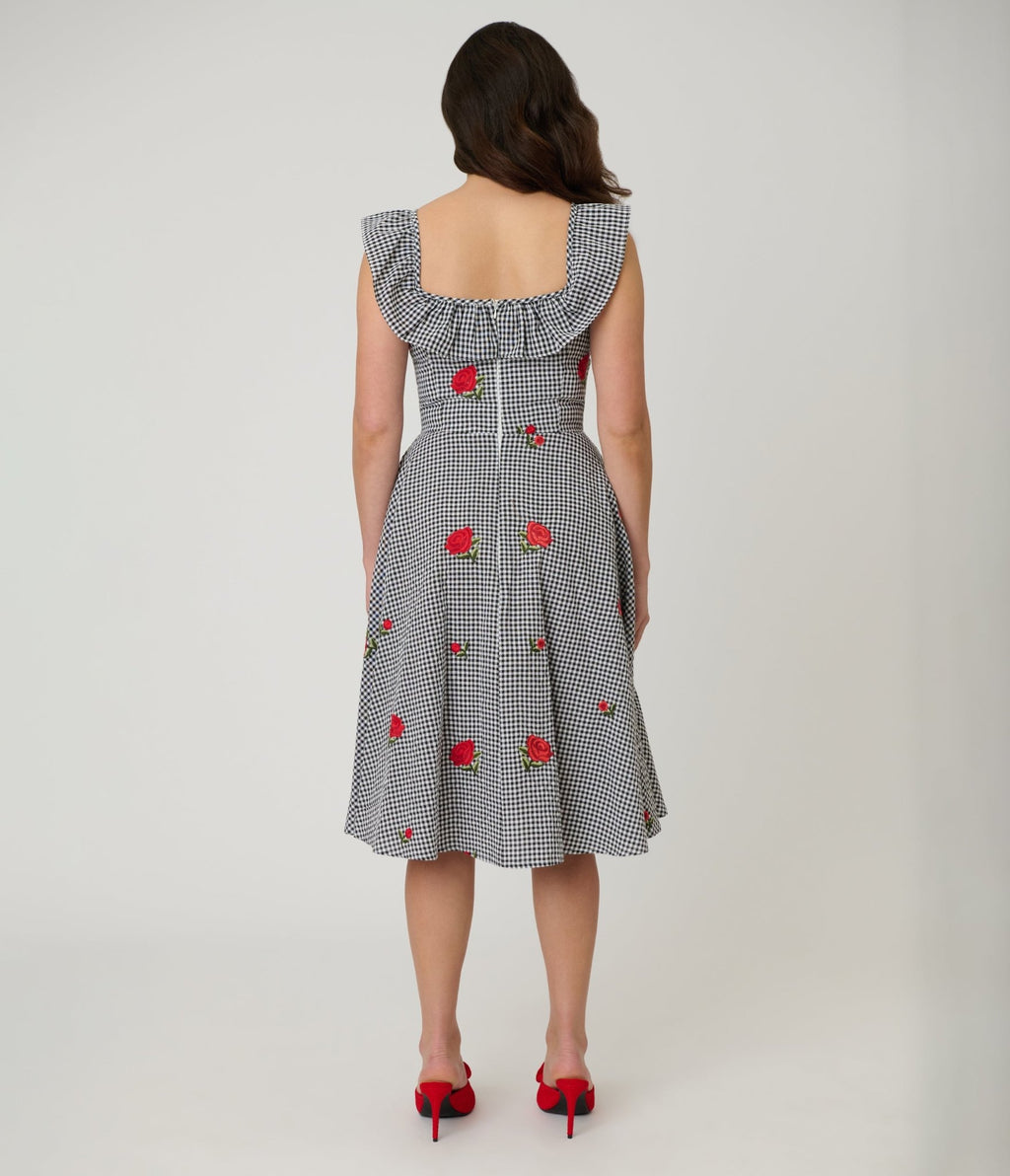 Magnolia Place Black Gingham & Red Rose Embroidered Barbara Swing Dress - Unique Vintage - Womens, DRESSES, SWING