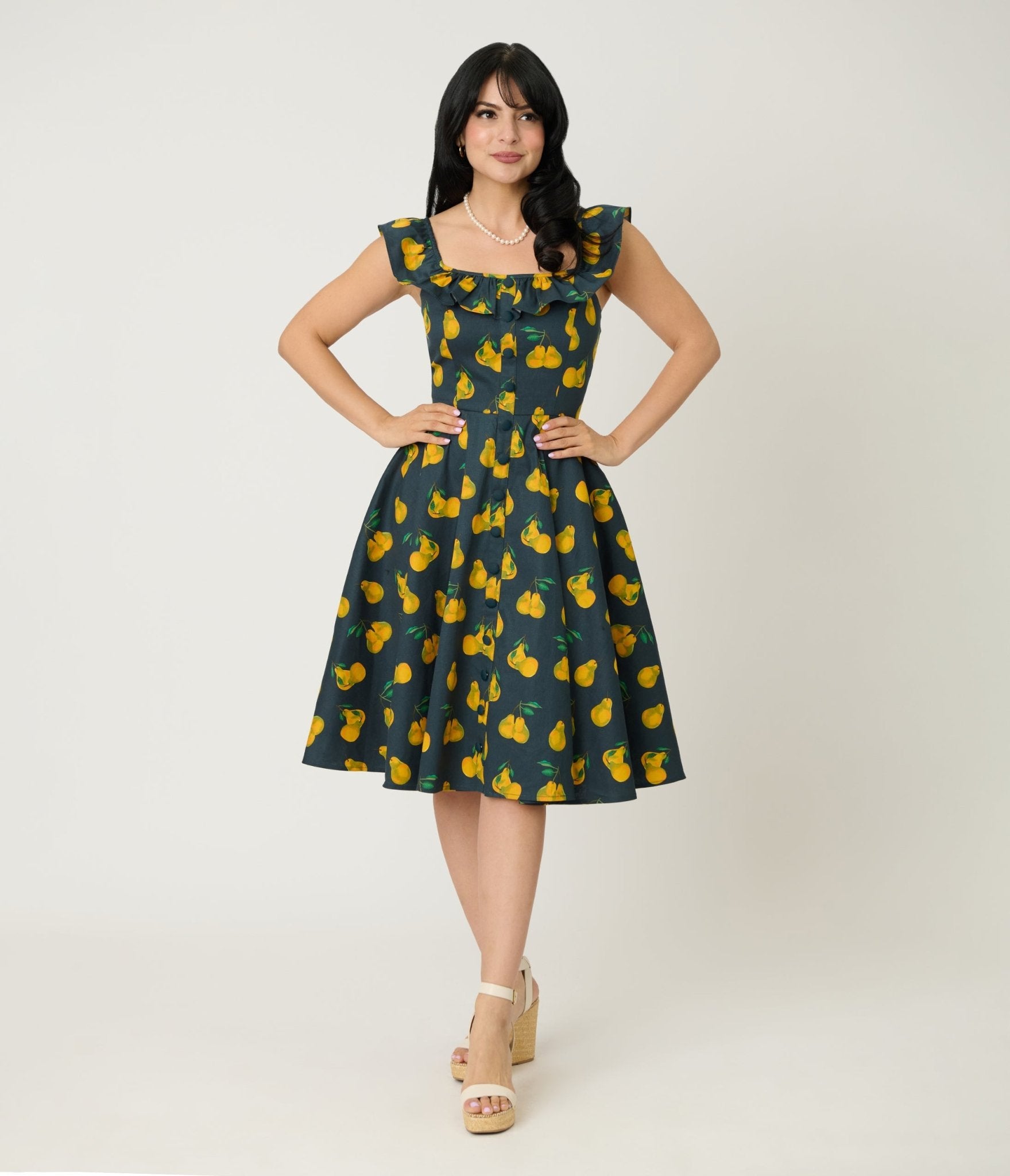 Magnolia Place Black & Yellow Pear Print Barbara Swing Dress Unique Vintage Magnolia Place Black & Yellow Pear Print Barbara Swing Dress Unique Vintage