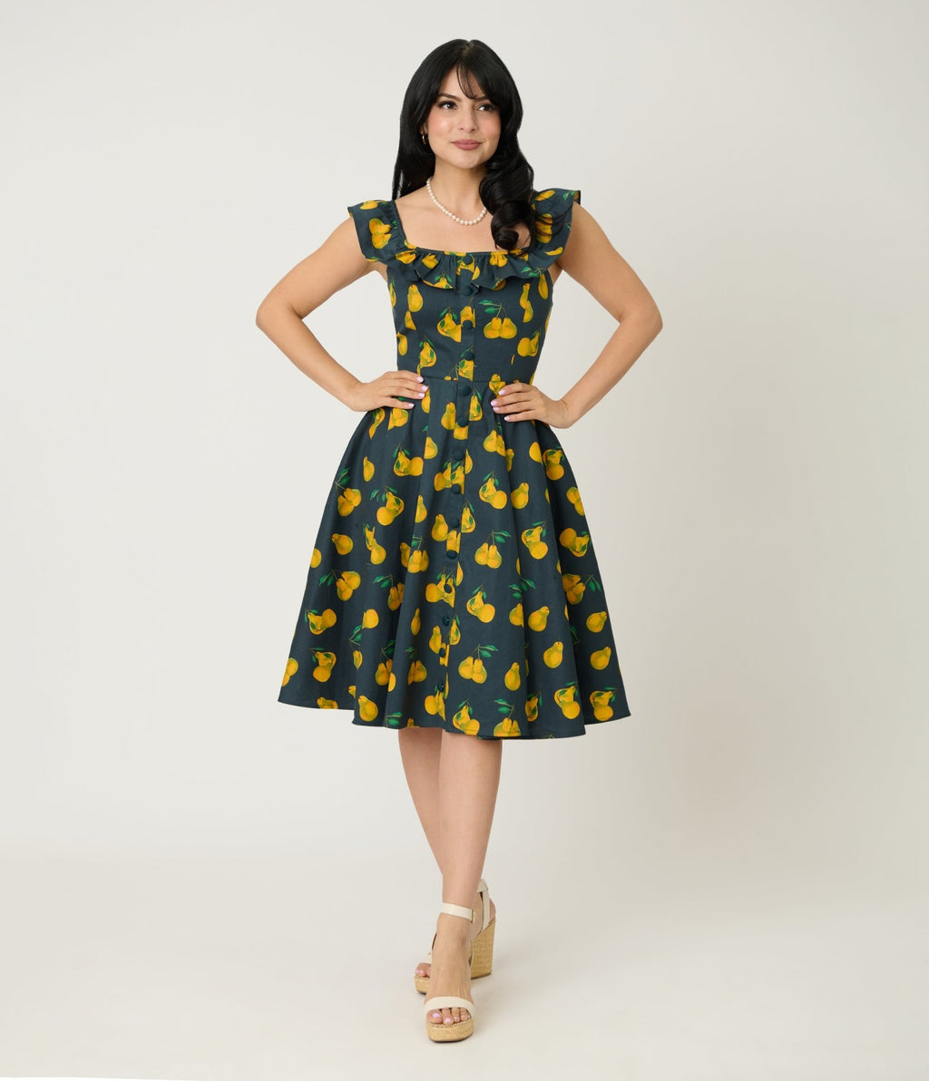 Magnolia Place Black & Yellow Pear Print Barbara Swing Dress - Unique Vintage - Womens, DRESSES, SWING