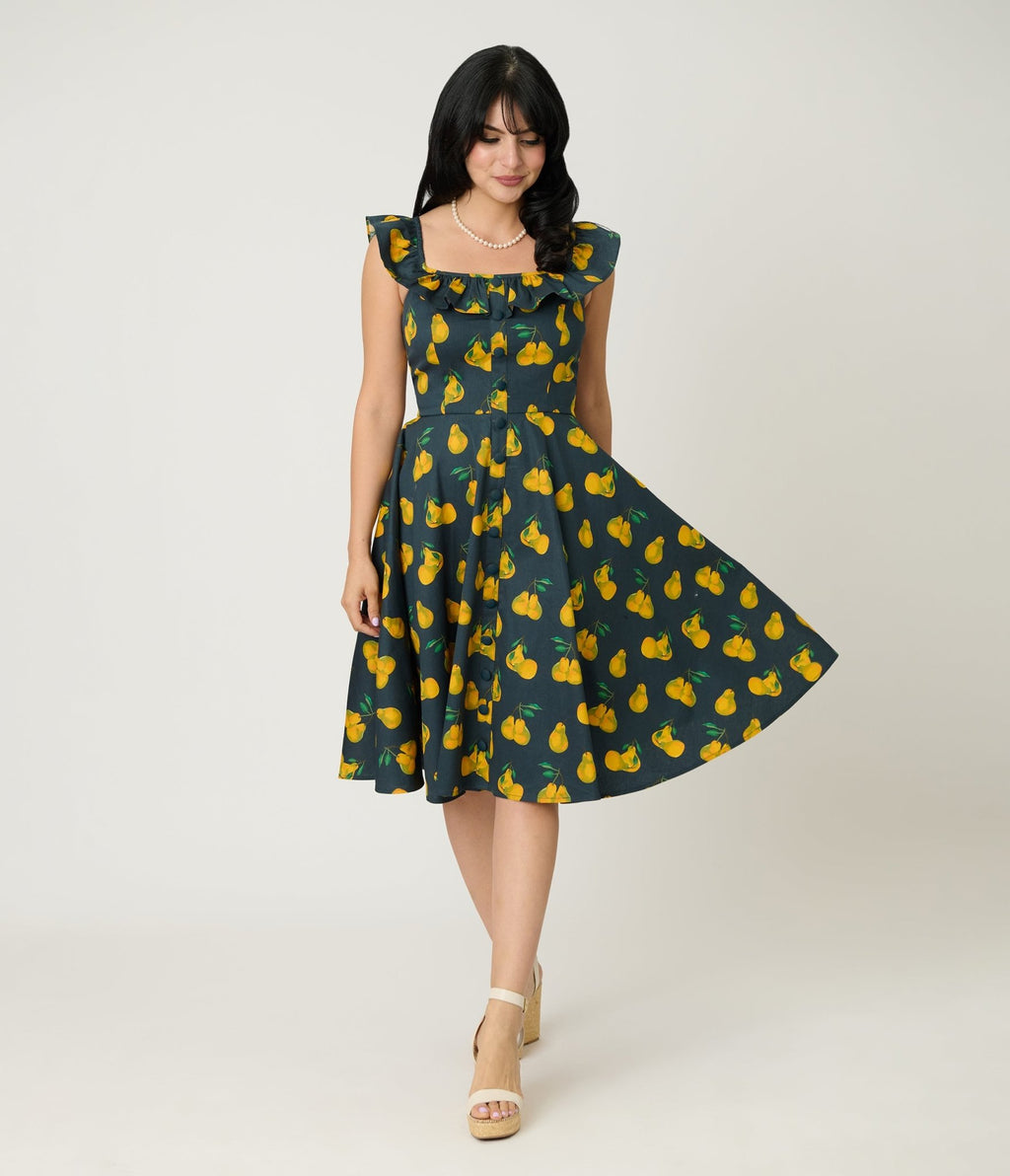 Magnolia Place Black & Yellow Pear Print Barbara Swing Dress S/4-6 Magnolia Place Black & Yellow Pear Print Barbara Swing Dress S/4-6